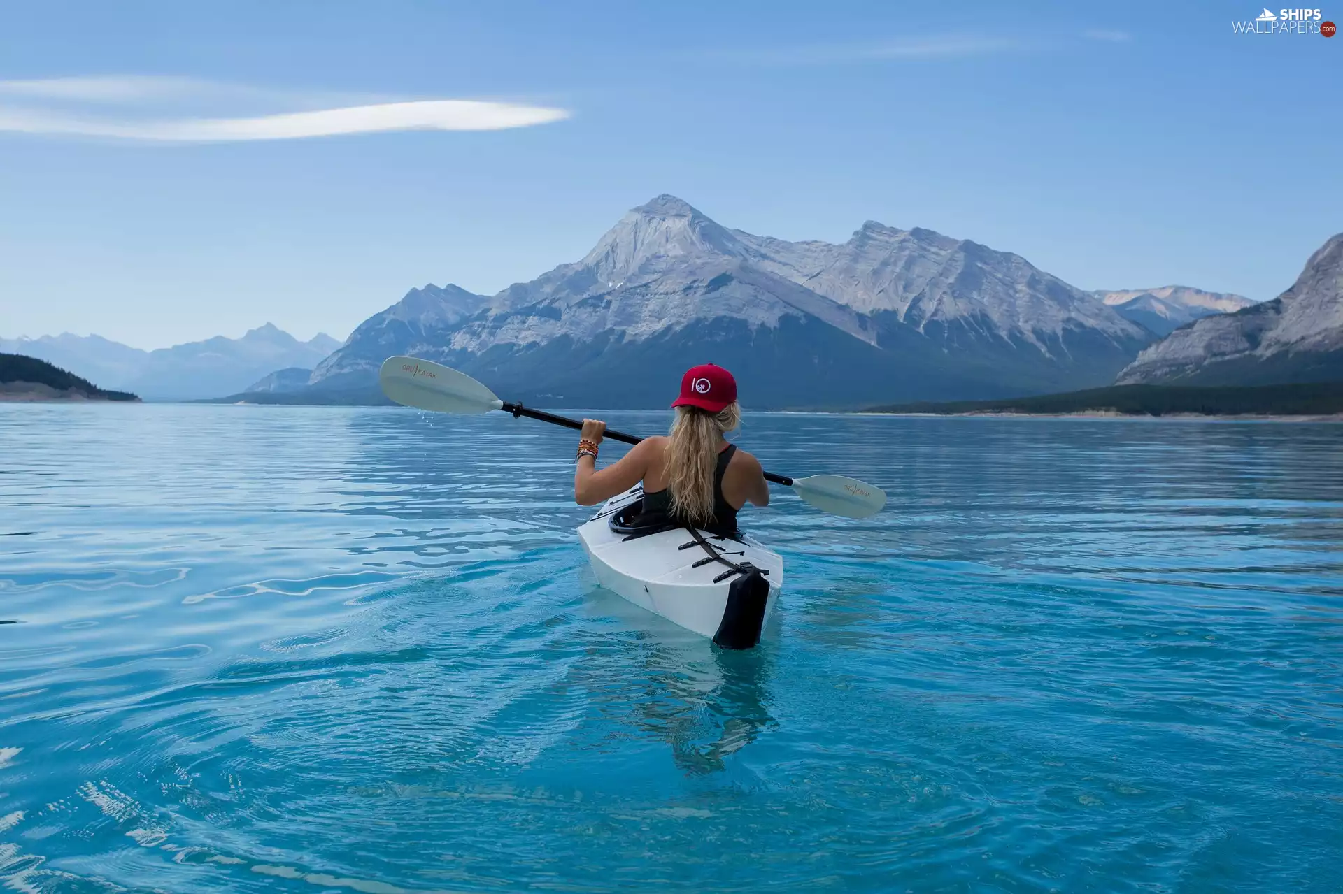Kayak, paddle, lake, Mountains, Women