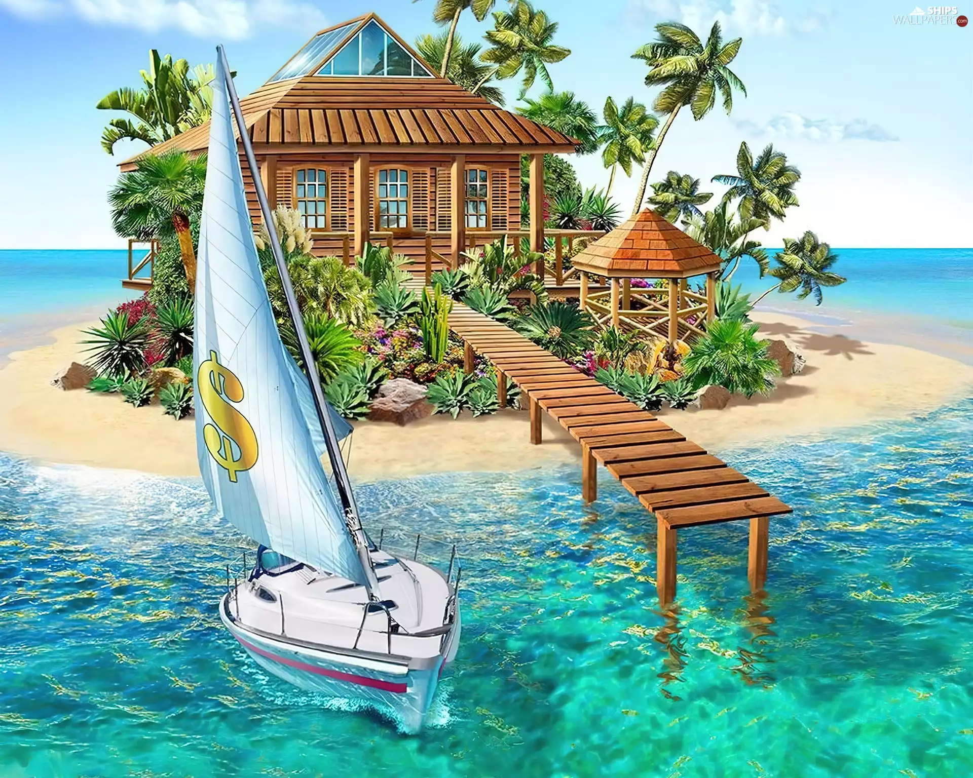 Platform, Island, sea, Palms, Yacht, house