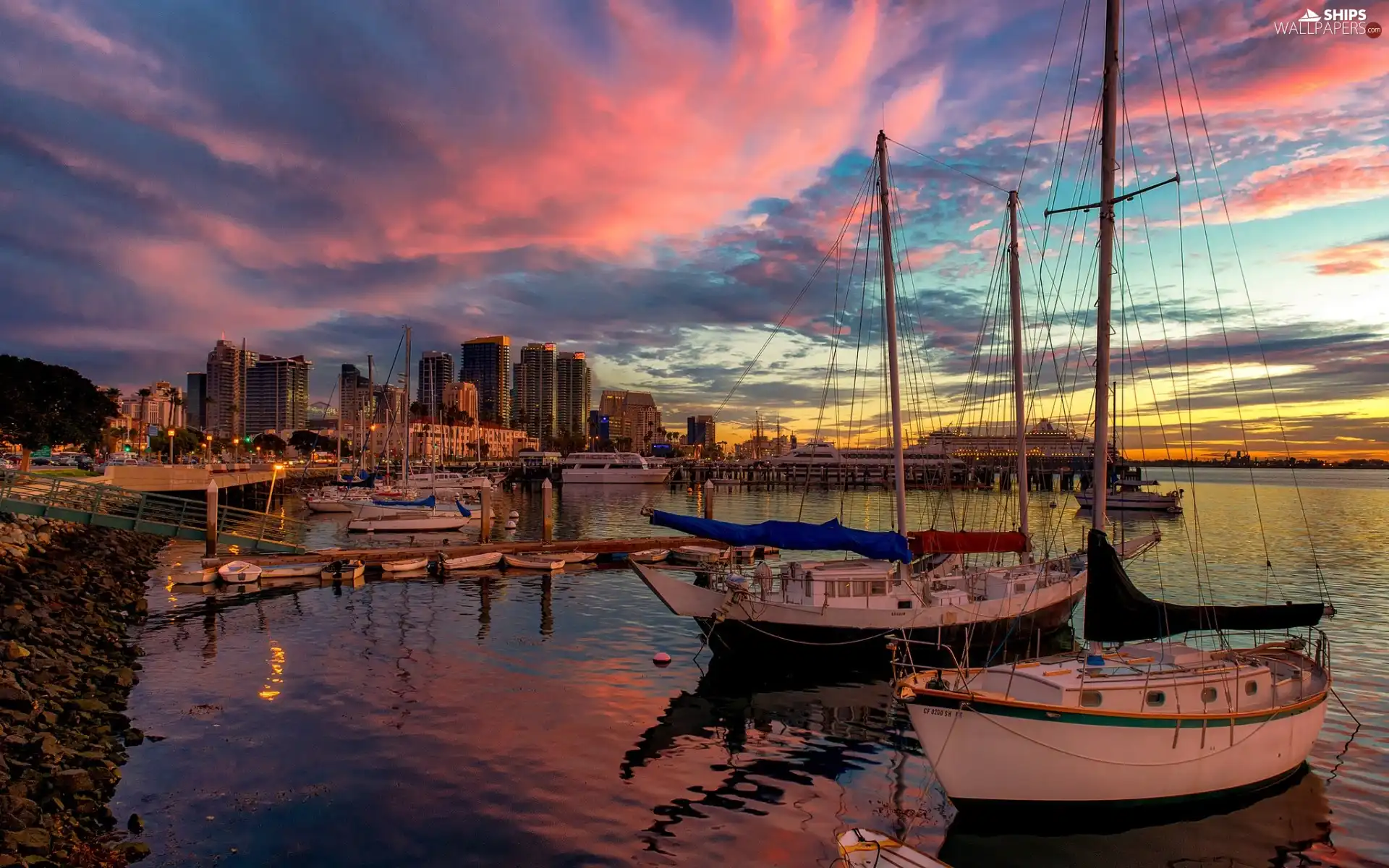 port, Yachts, town, vessels, Boats, panorama, clouds