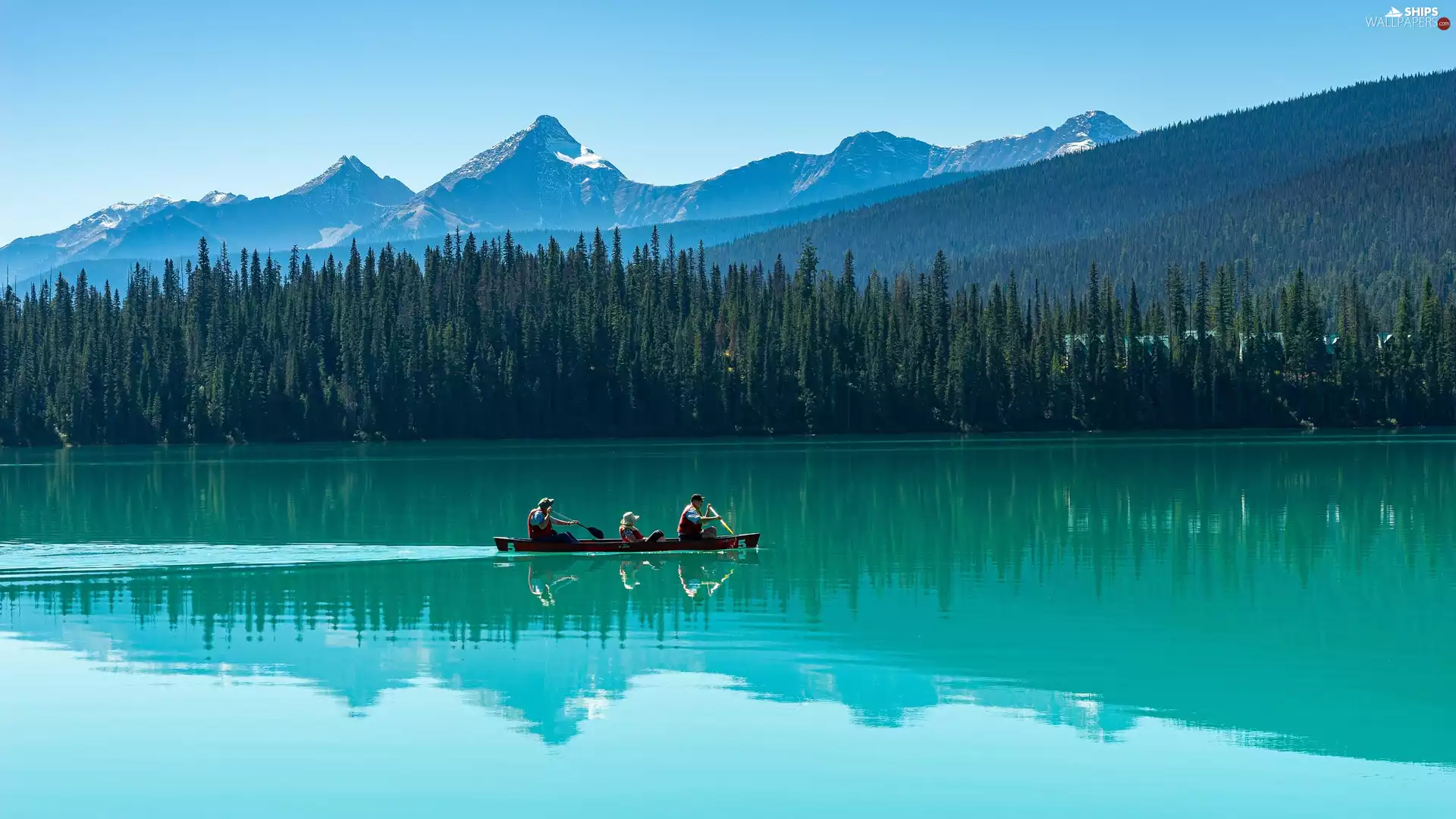 forest, British Columbia, Emerald Lake, viewes, Yoho National Park, Canada, lake, Mountains, trees, Kayak