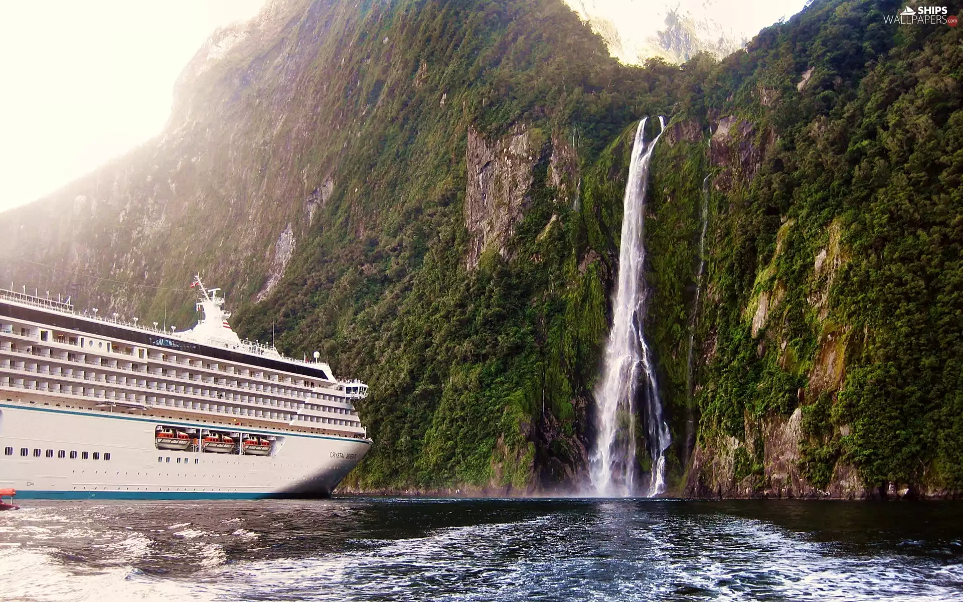 Ship, Mountains, waterfall, passenger