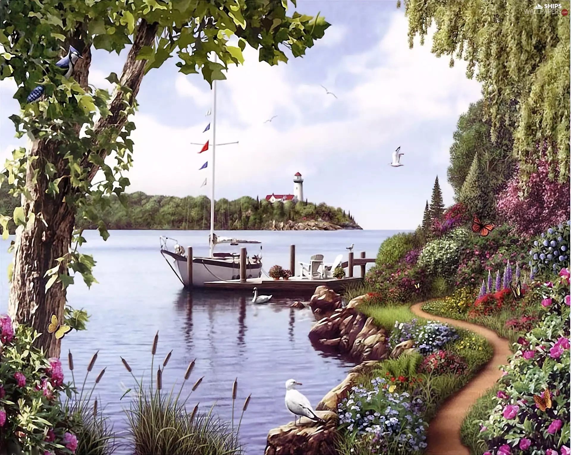 seagull, Path, Yacht, Flowers, lake
