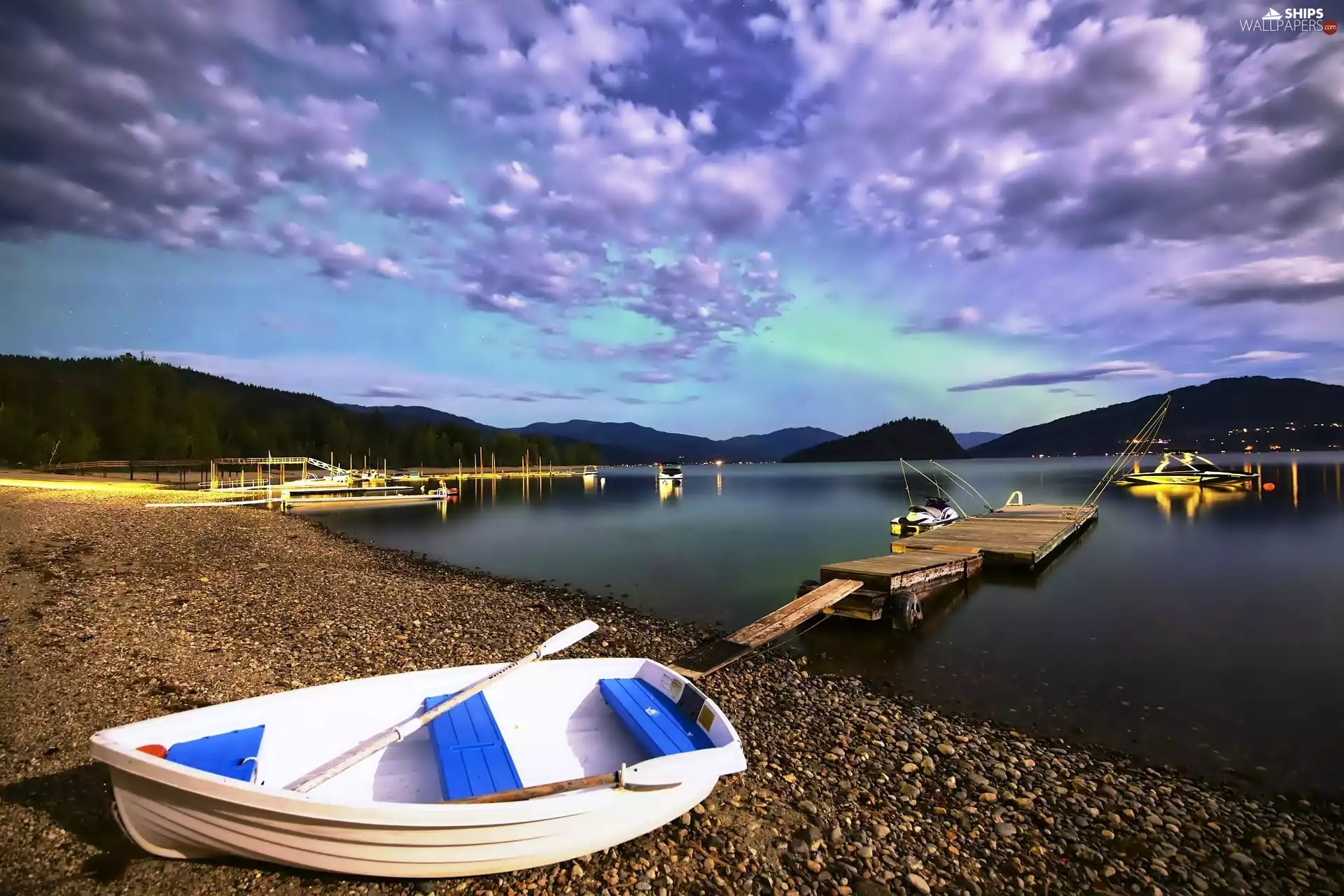lake, Boat, Platform, pebbles