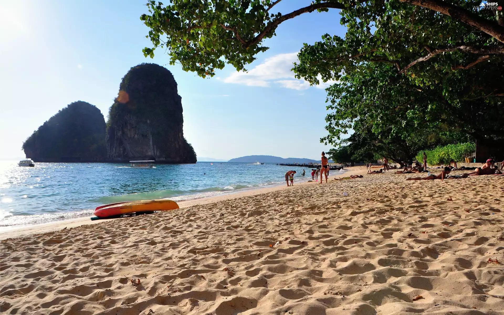 Boat, People, Beaches, rocks, Coast