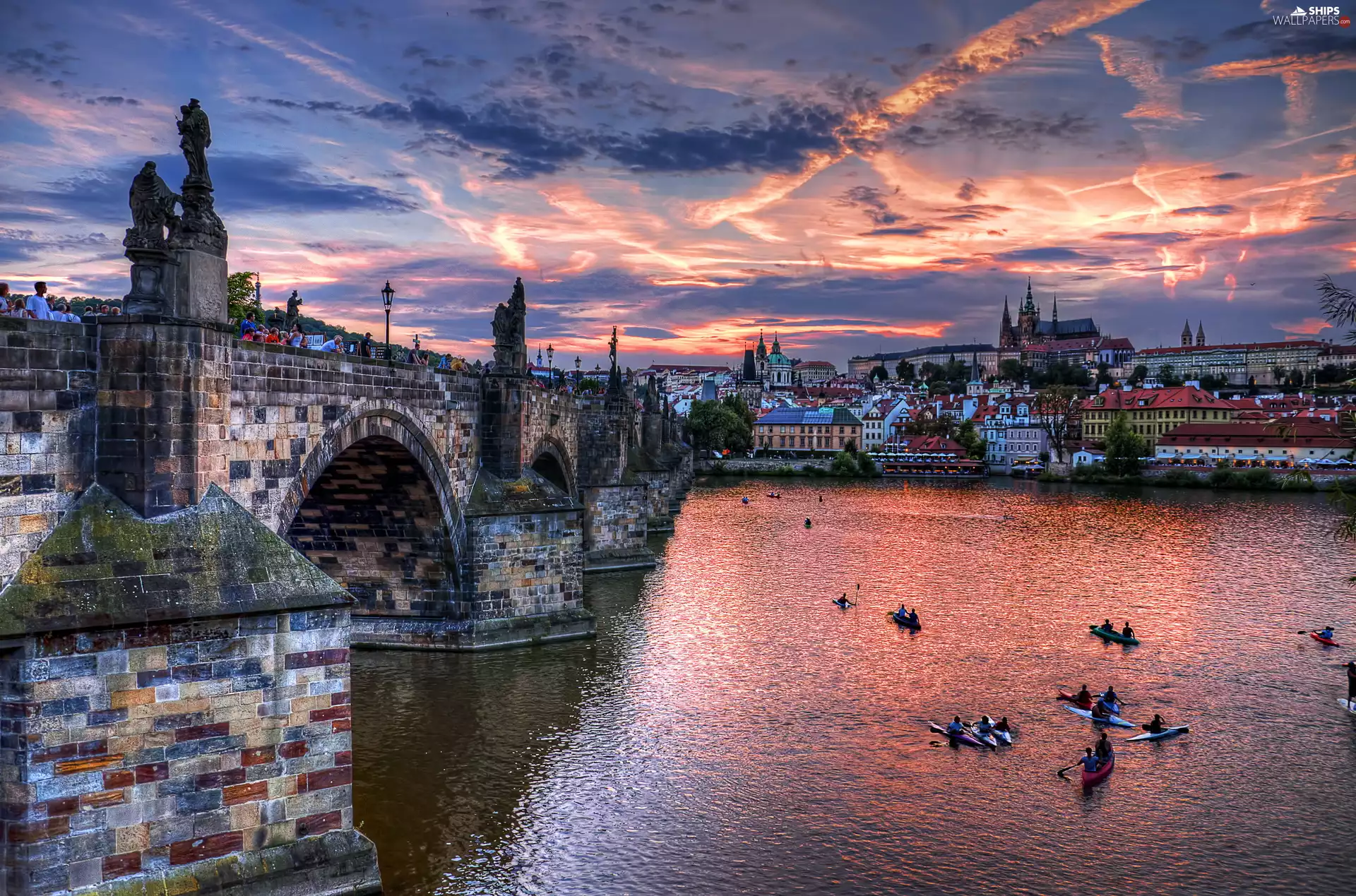 bridge, Prague, Kayaks, Town, Czech Republic, River, People