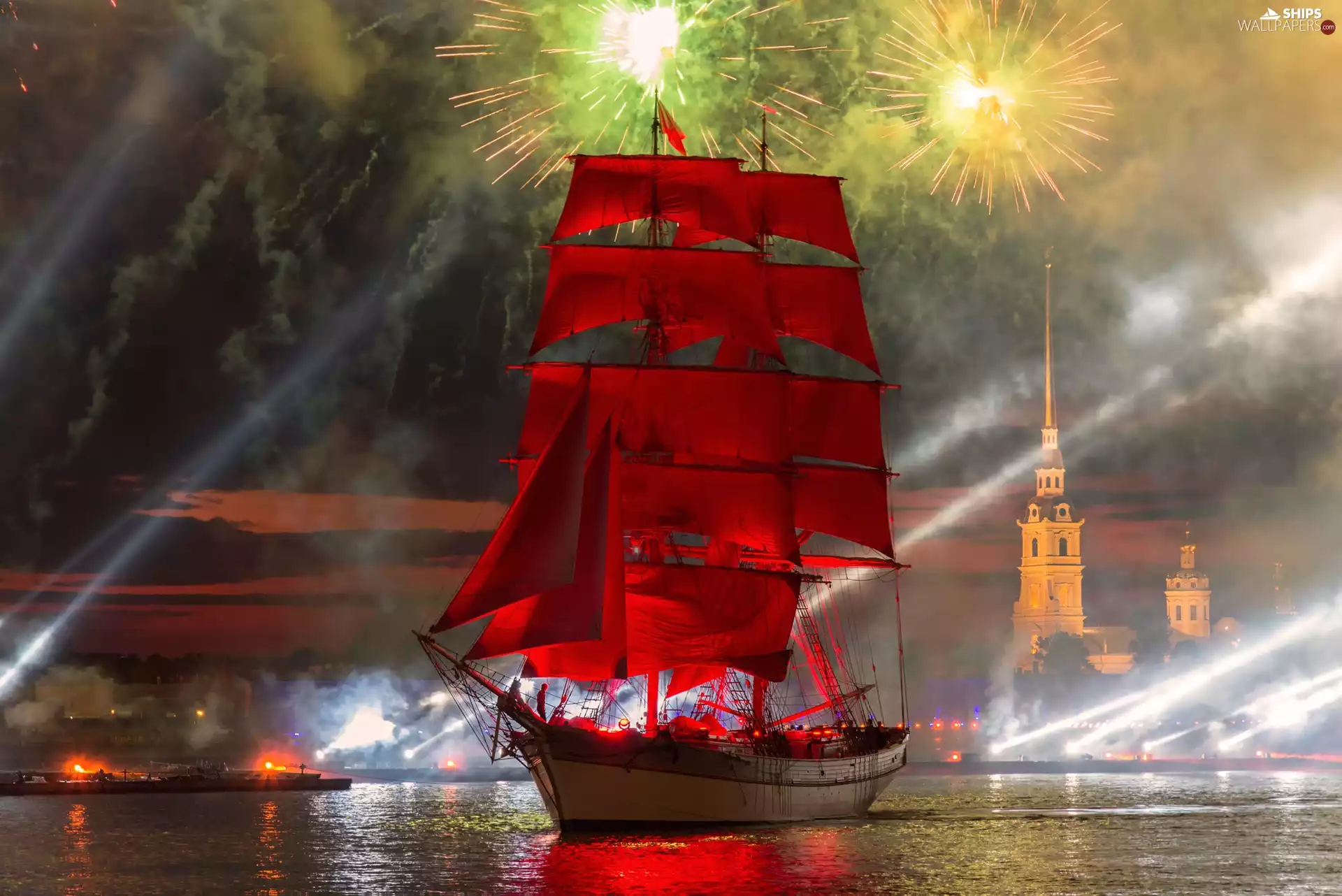 fireworks, Night, St. Petersburg, sailing vessel, Russia