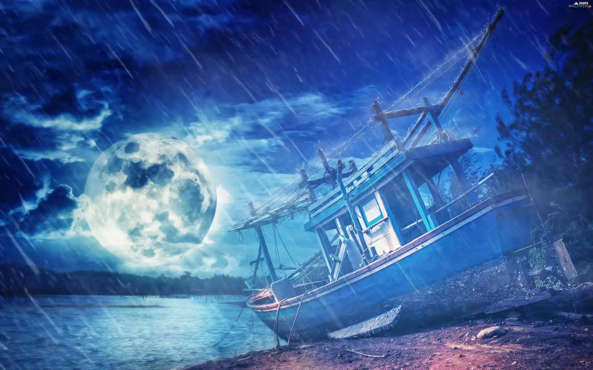 Rain, photomontage, Boat, moon, River