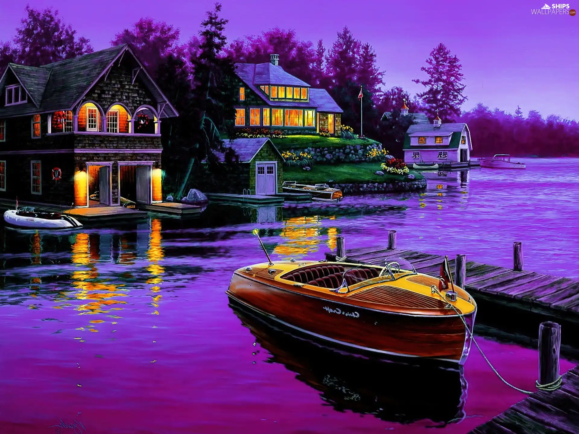 lake, Houses, picture, Motor boat