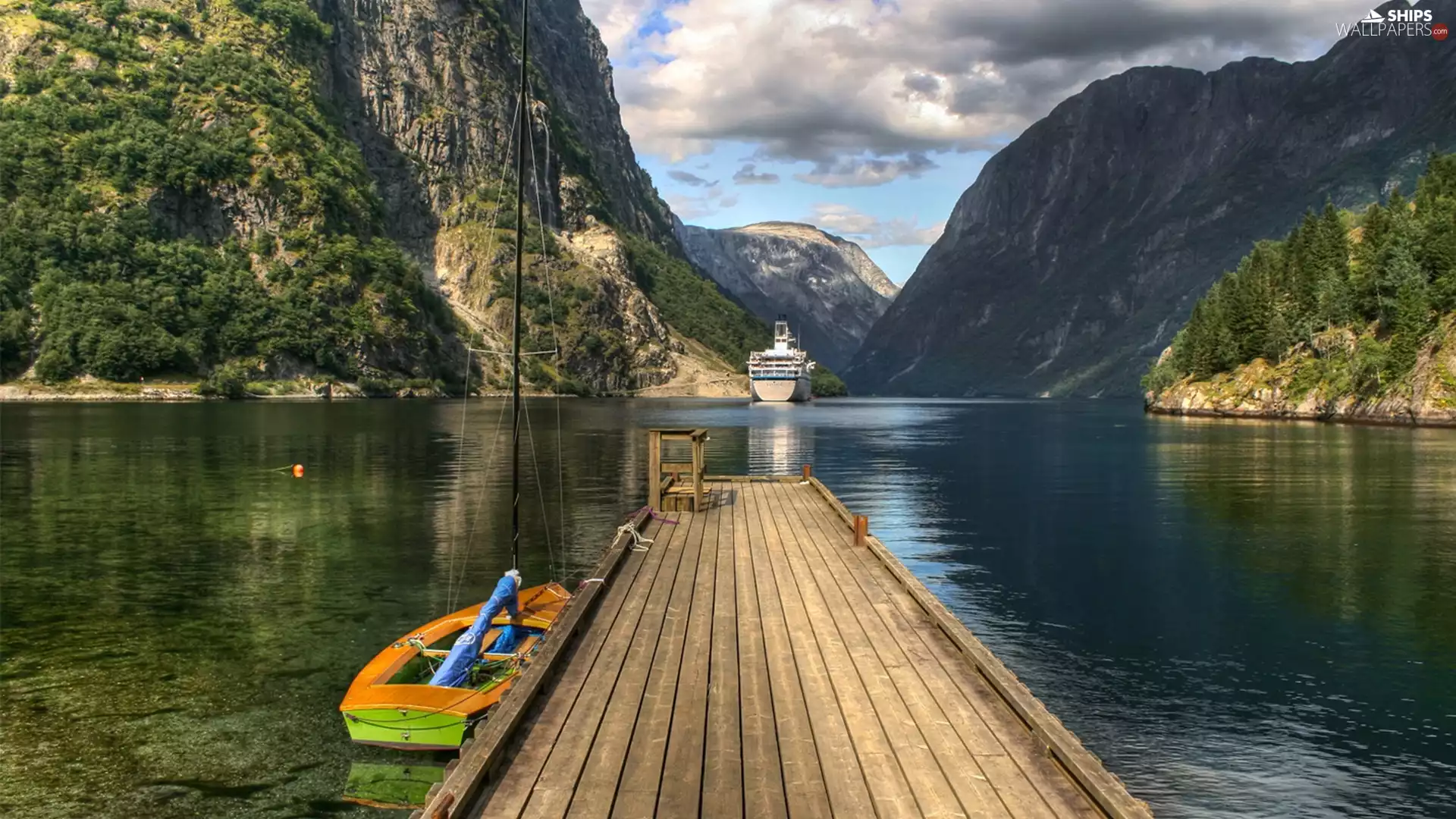 Boat, pier, lake, Ship, Mountains