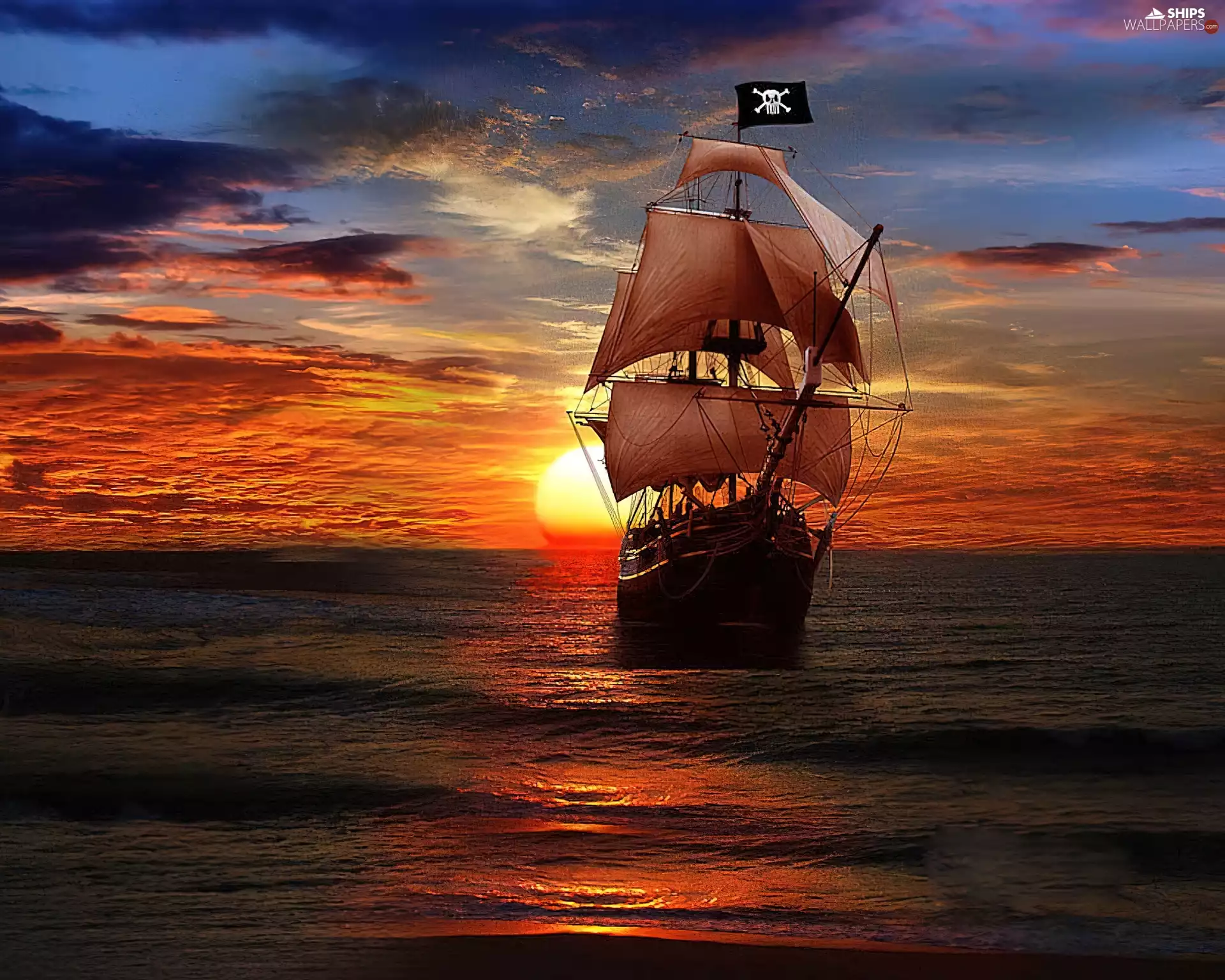 Ship, west, sun, piratical