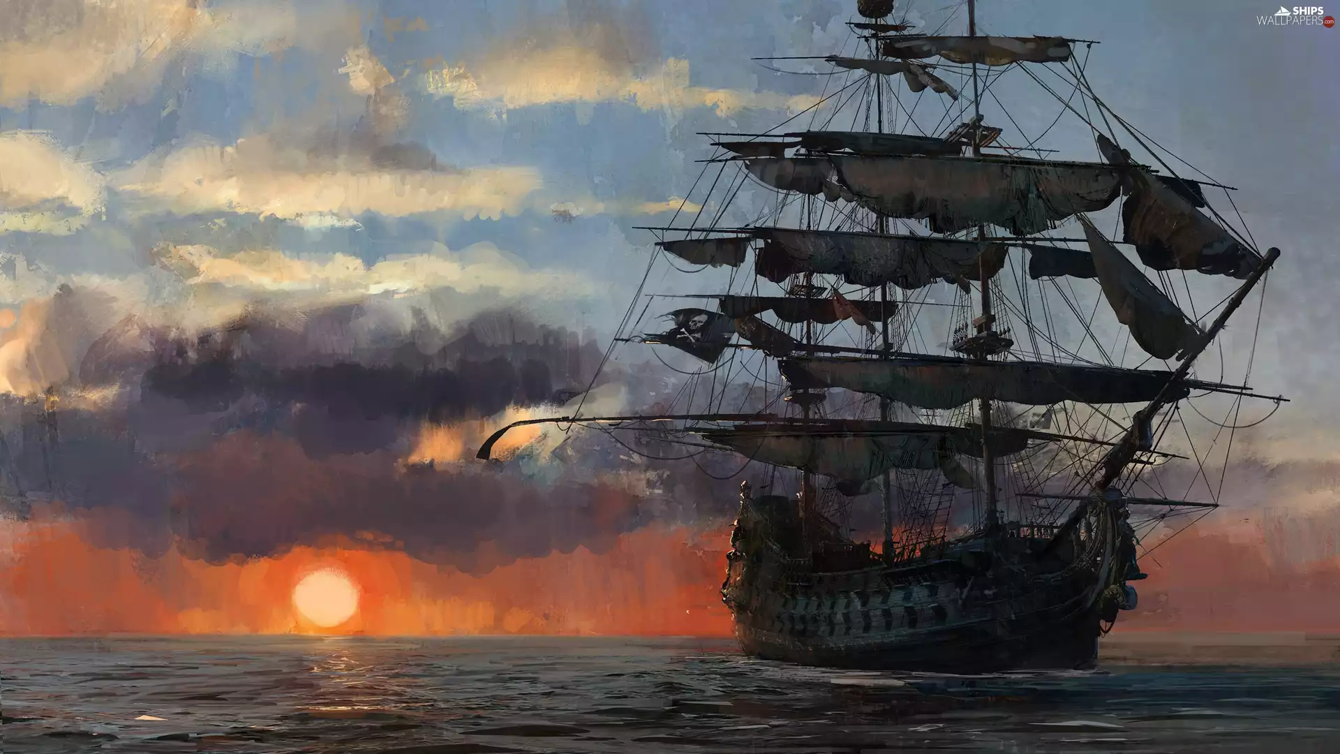 piratical, Great Sunsets, sailing vessel, Ship, Skull and Bones