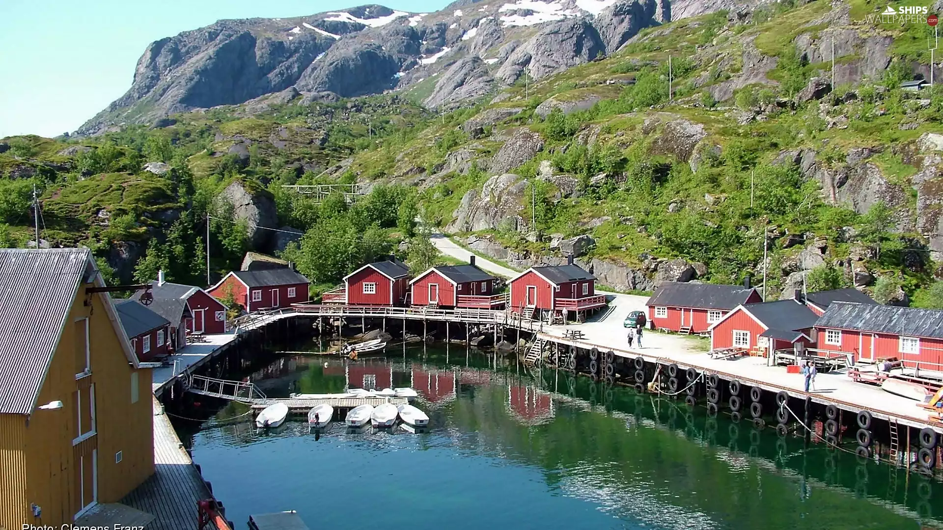 Flakstad, Nusfjord, Houses, place, Lofoten, Mountains, boats
