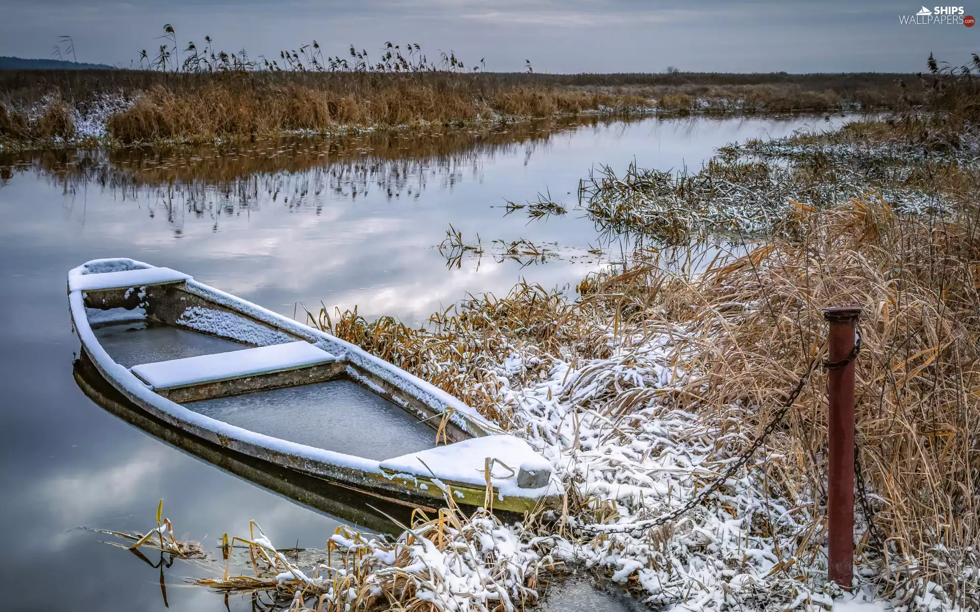 River, winter, Boat, Plants, grass, Field