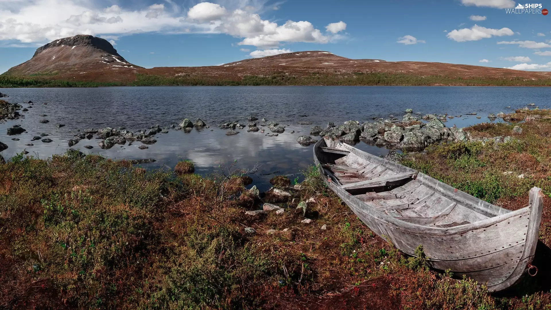 coast, Mountains, Stones, Plants, Boat, lake