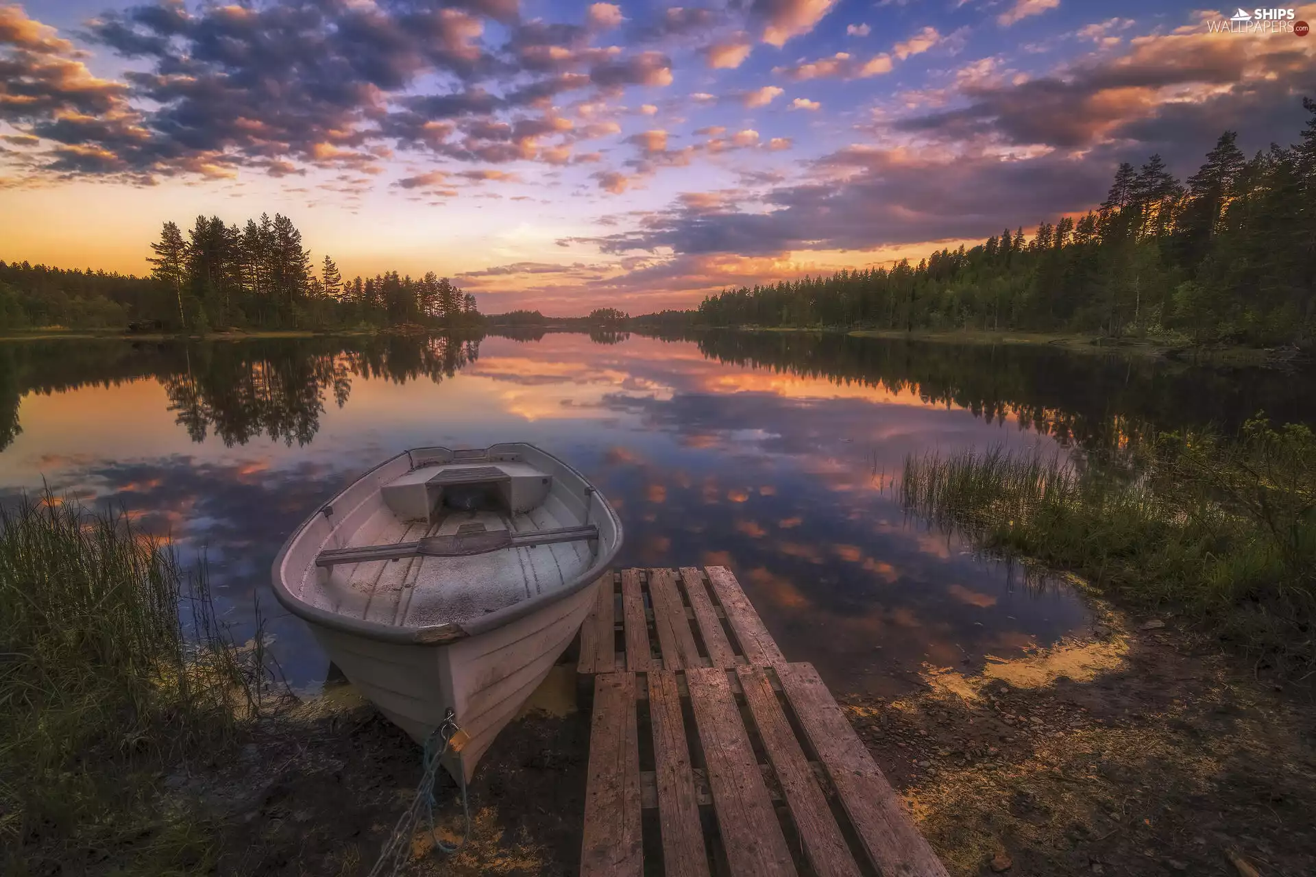 Platform, grass, Great Sunsets, trees, clouds, Boat, lake, viewes