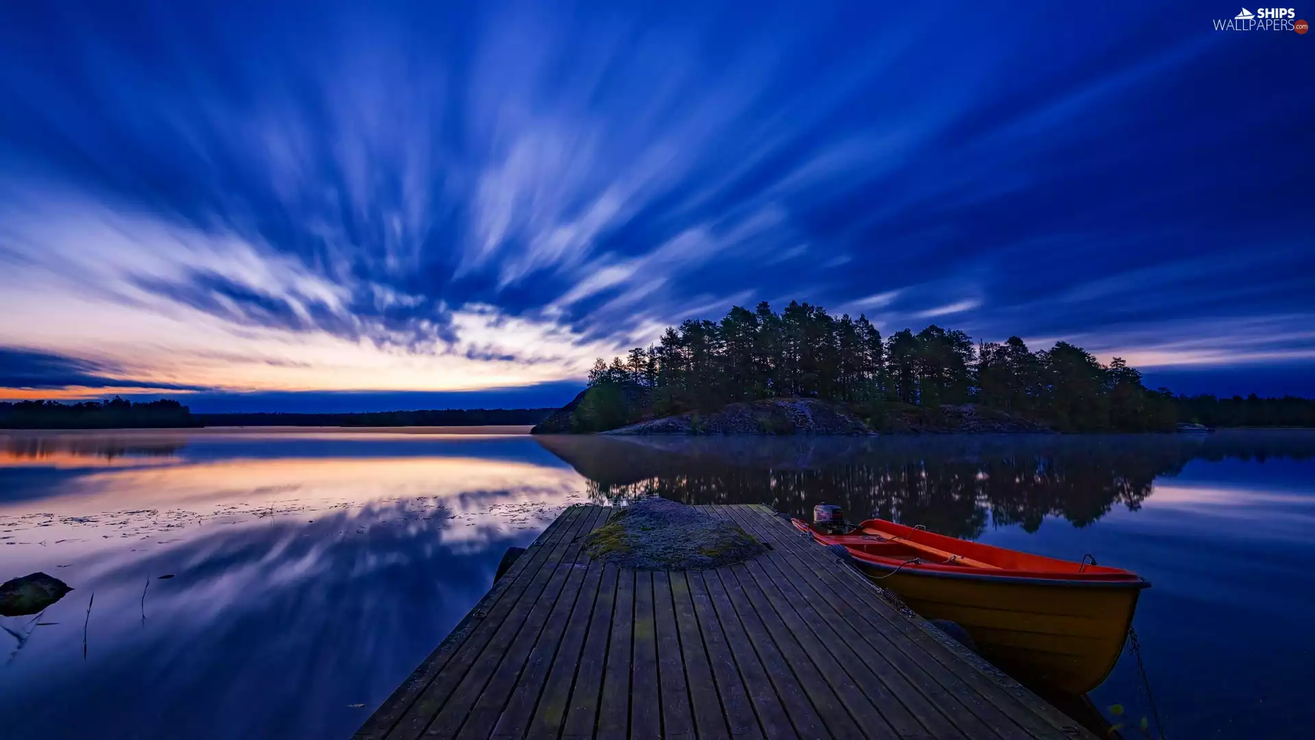 Boat, lake, dawn, Platform