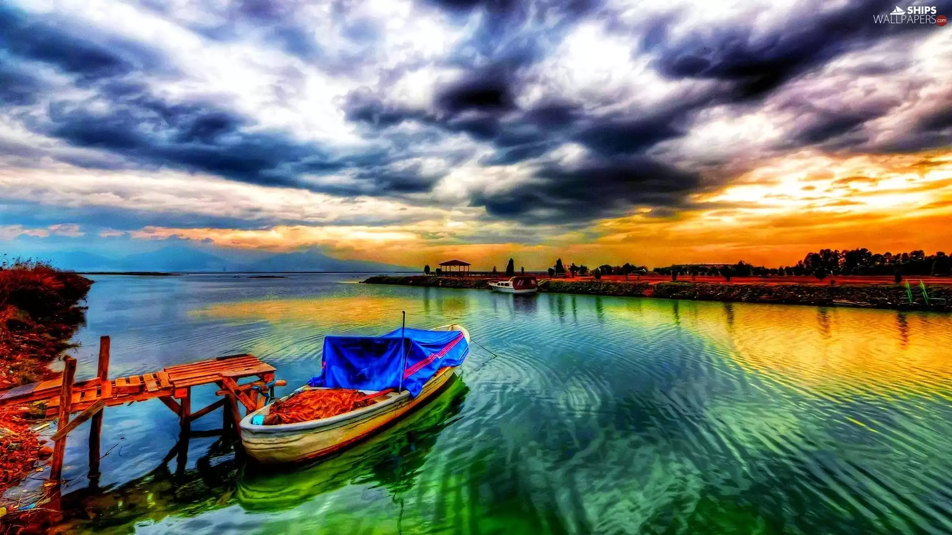 clouds, Great Sunsets, Platform, lake, Boat