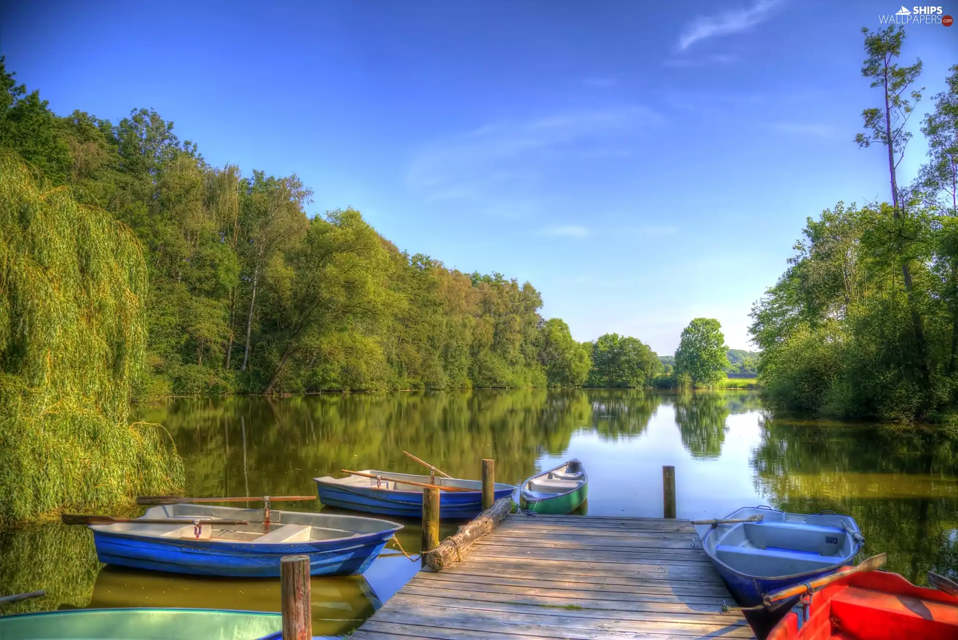 boats, forest, River, Platform