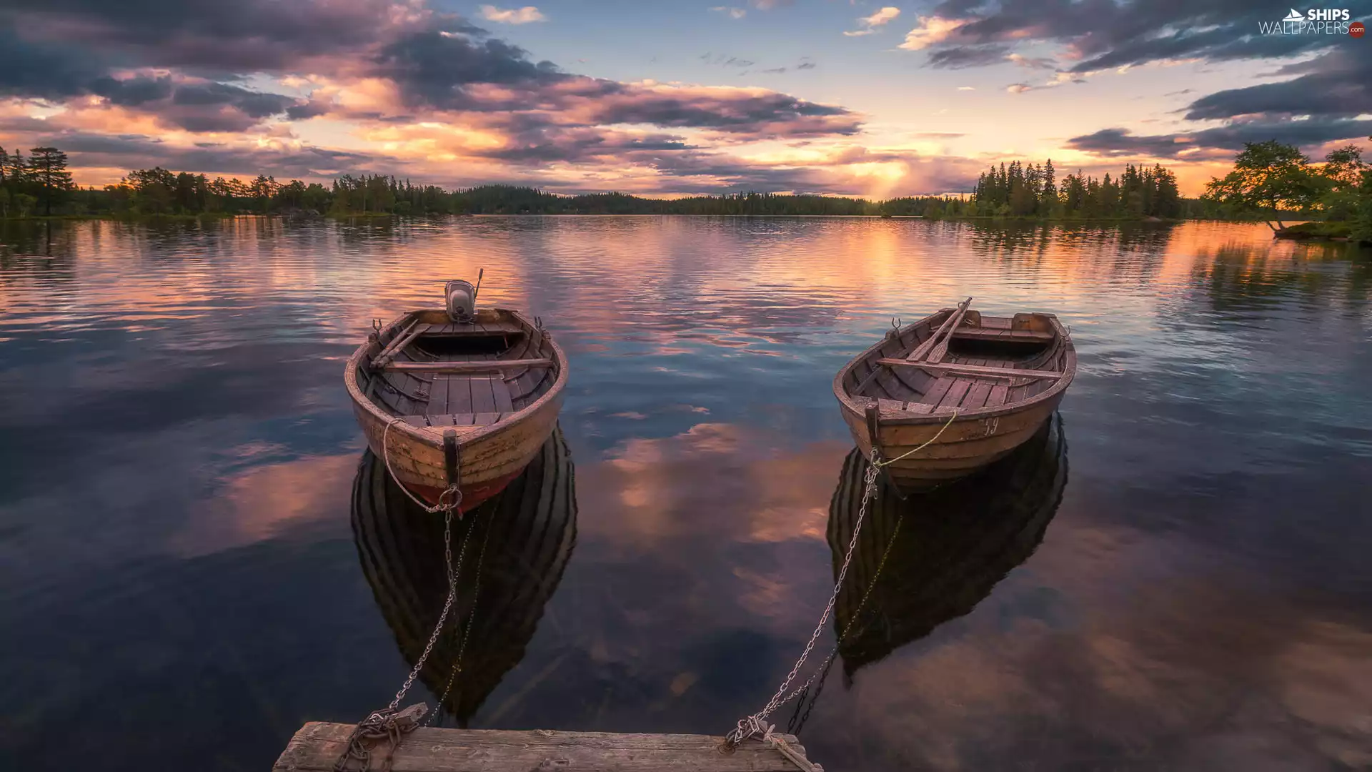 lake, trees, clouds, viewes, boats, Ringerike, Norway, Platform