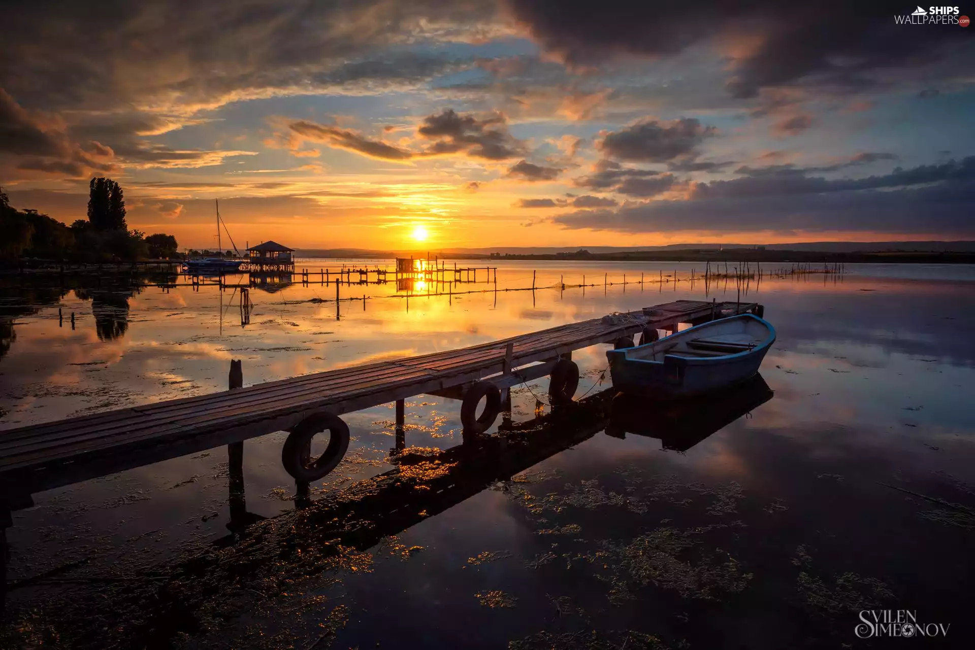 Great Sunsets, clouds, Platform, Boat, lake