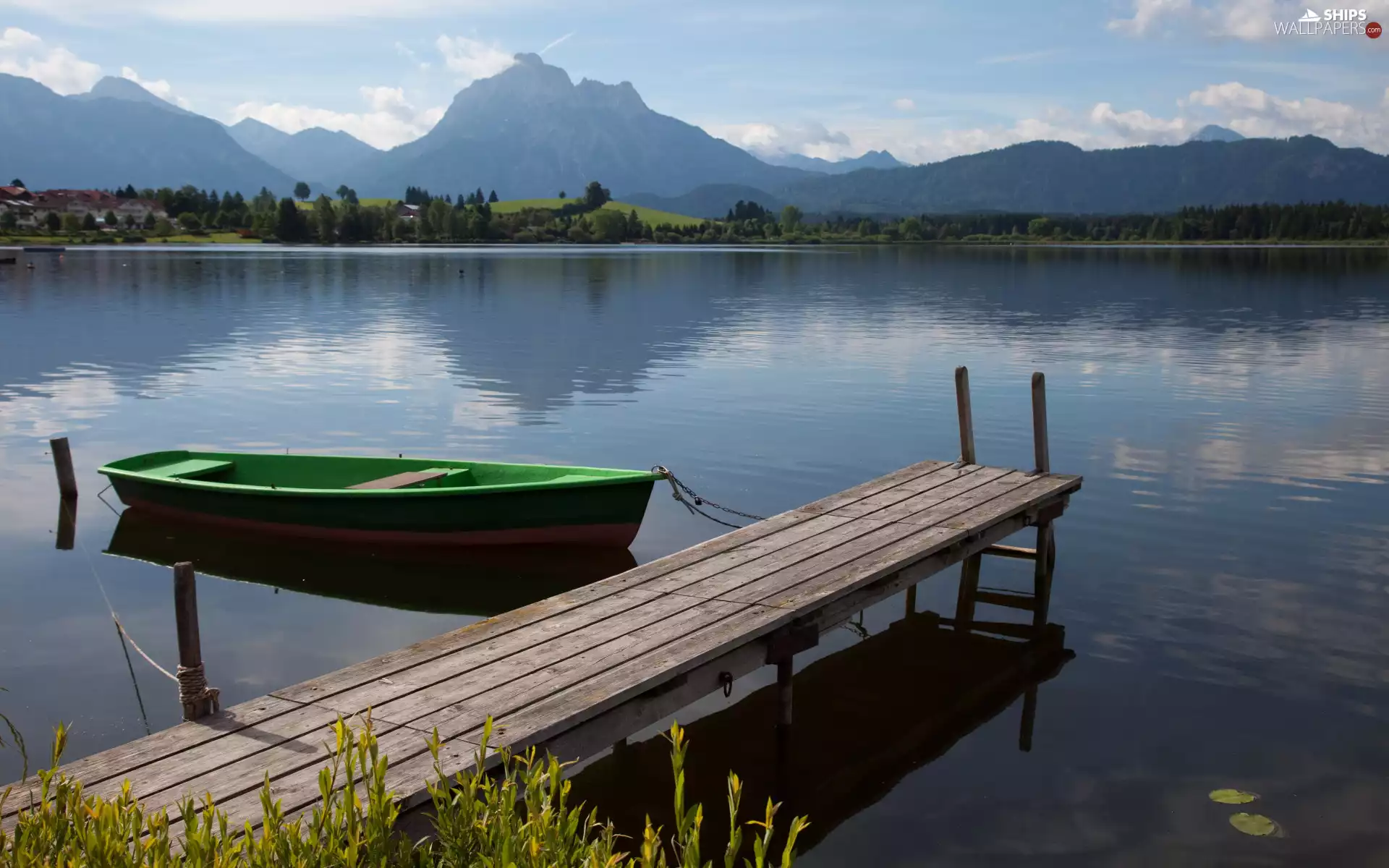 lake, Boat, Mountains, Platform