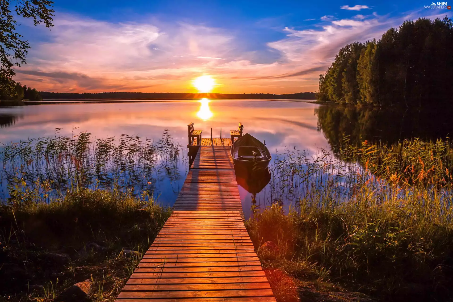 woods, Great Sunsets, Platform, Boat, lake