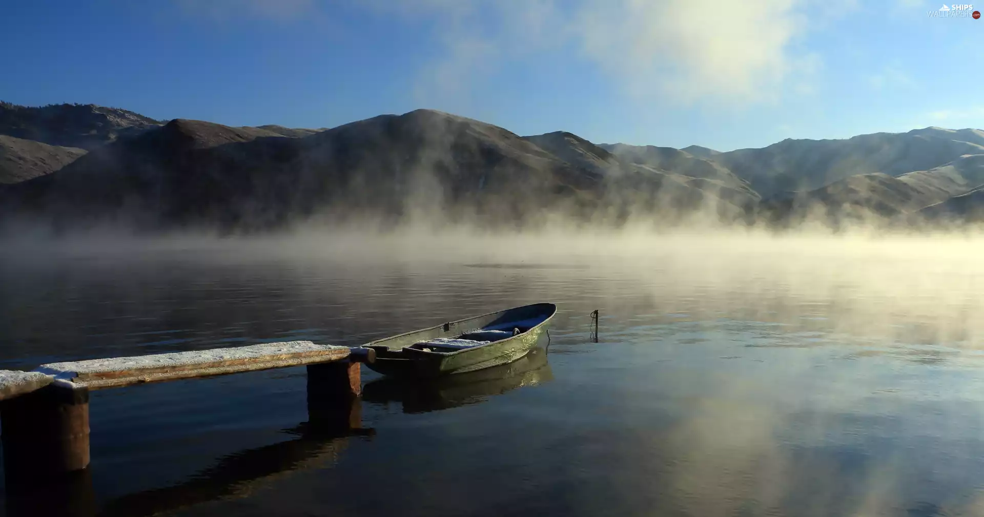 Fog, Platform, Mountains, lake, Boat