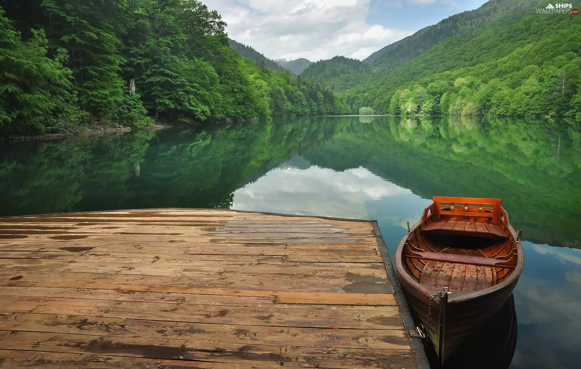 Boat, Platform, Mountains, woods, lake