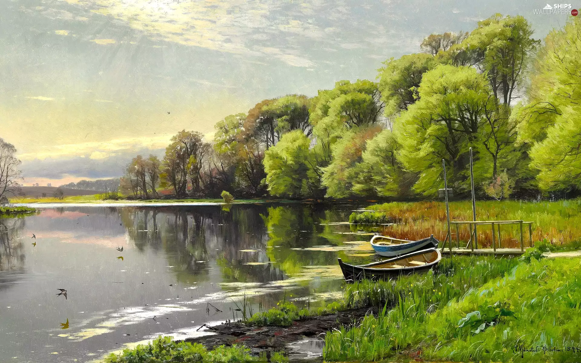 trees, painting, River, boats, scrub, picture, Peder Mork Monsted, Platform, viewes, rushes