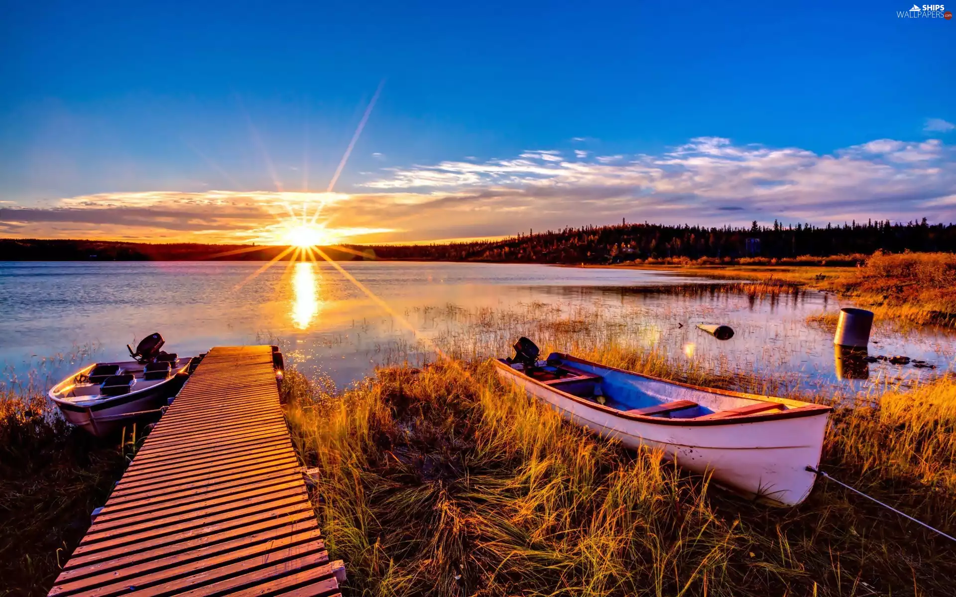 lake, west, boats, Platform, coast, sun