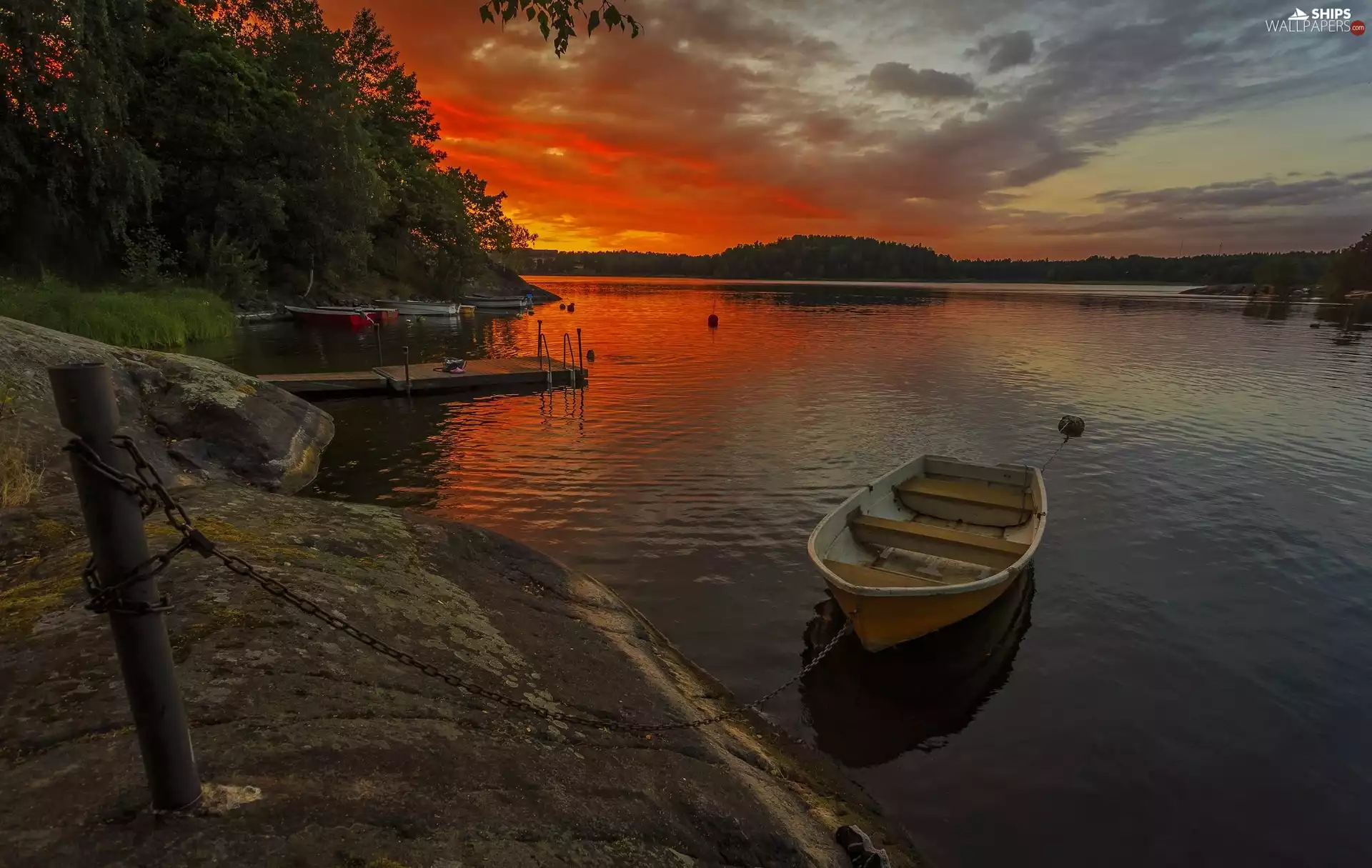 viewes, boats, sun, Stones, west, trees, lake, Platform