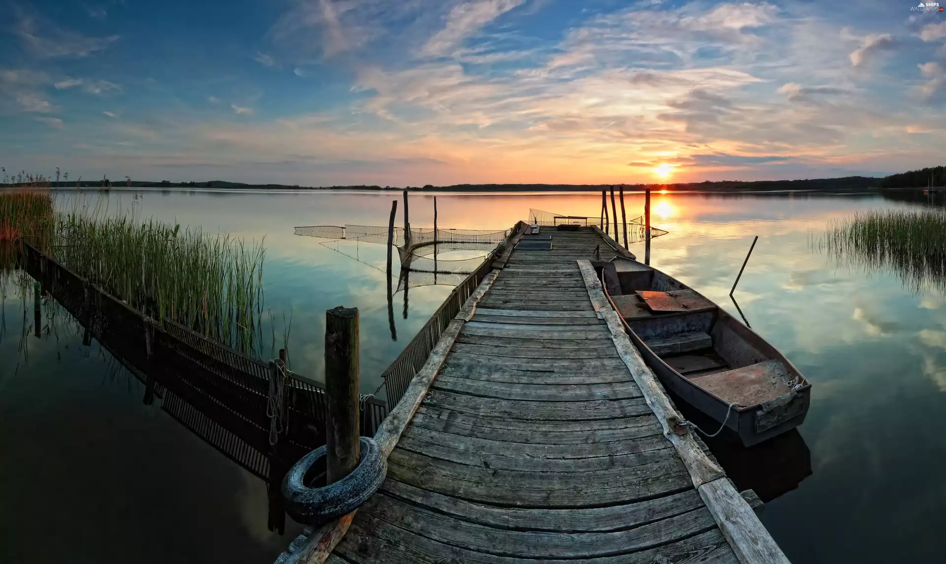 Boat, Platform, sun, lake, west