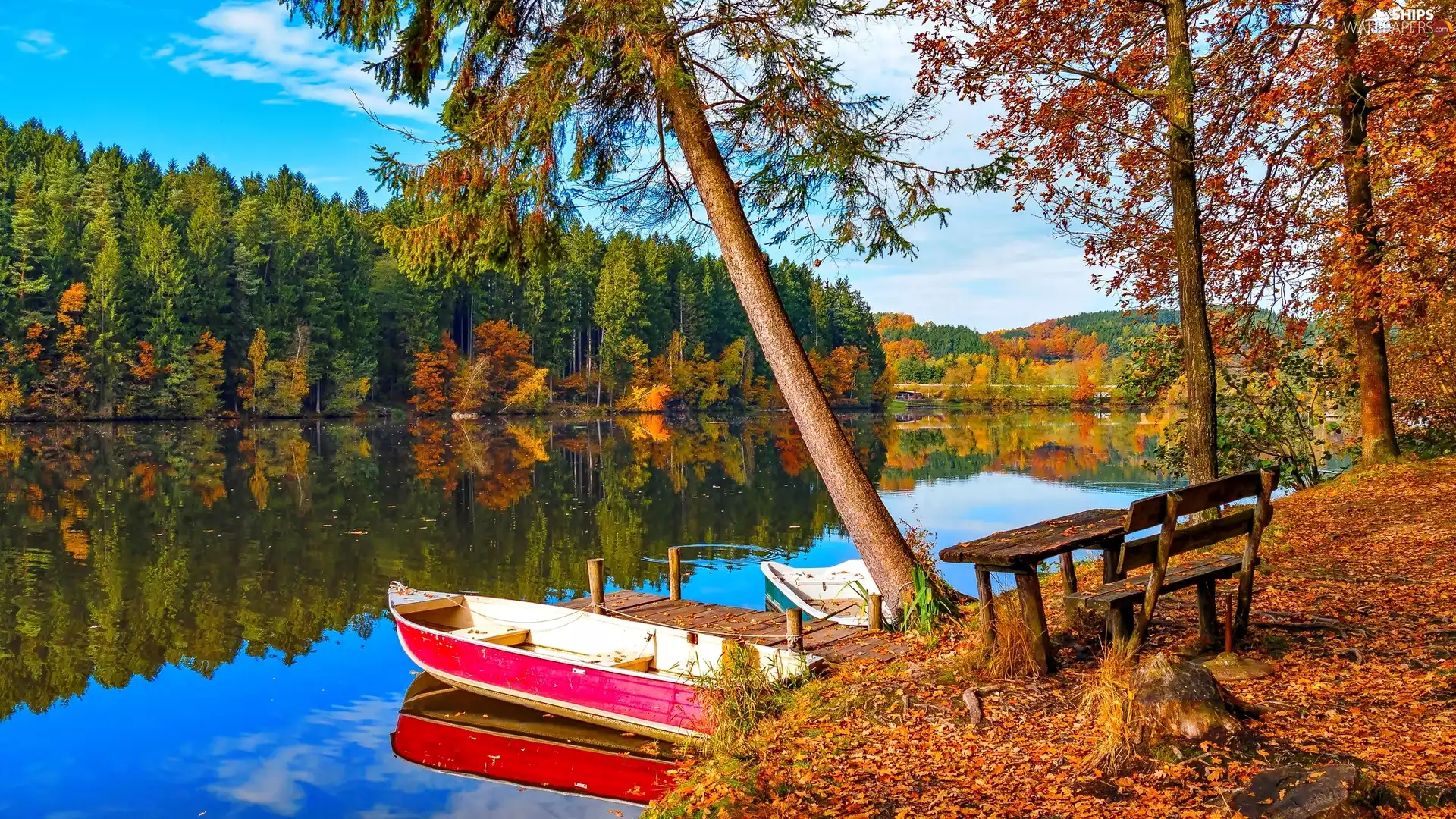 Bench, boats, viewes, Platform, lake, trees, autumn