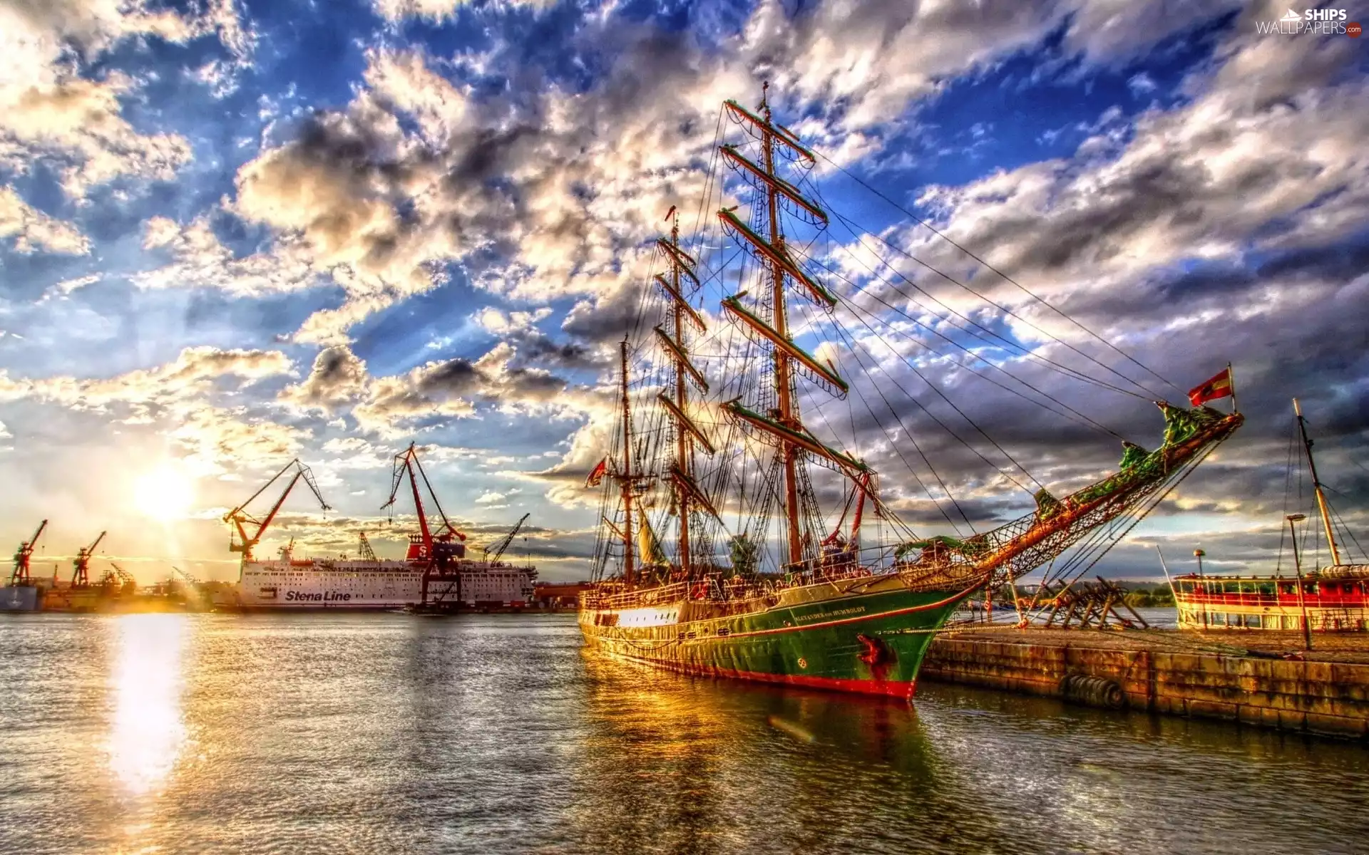 vessels, port, clouds, sailing vessel