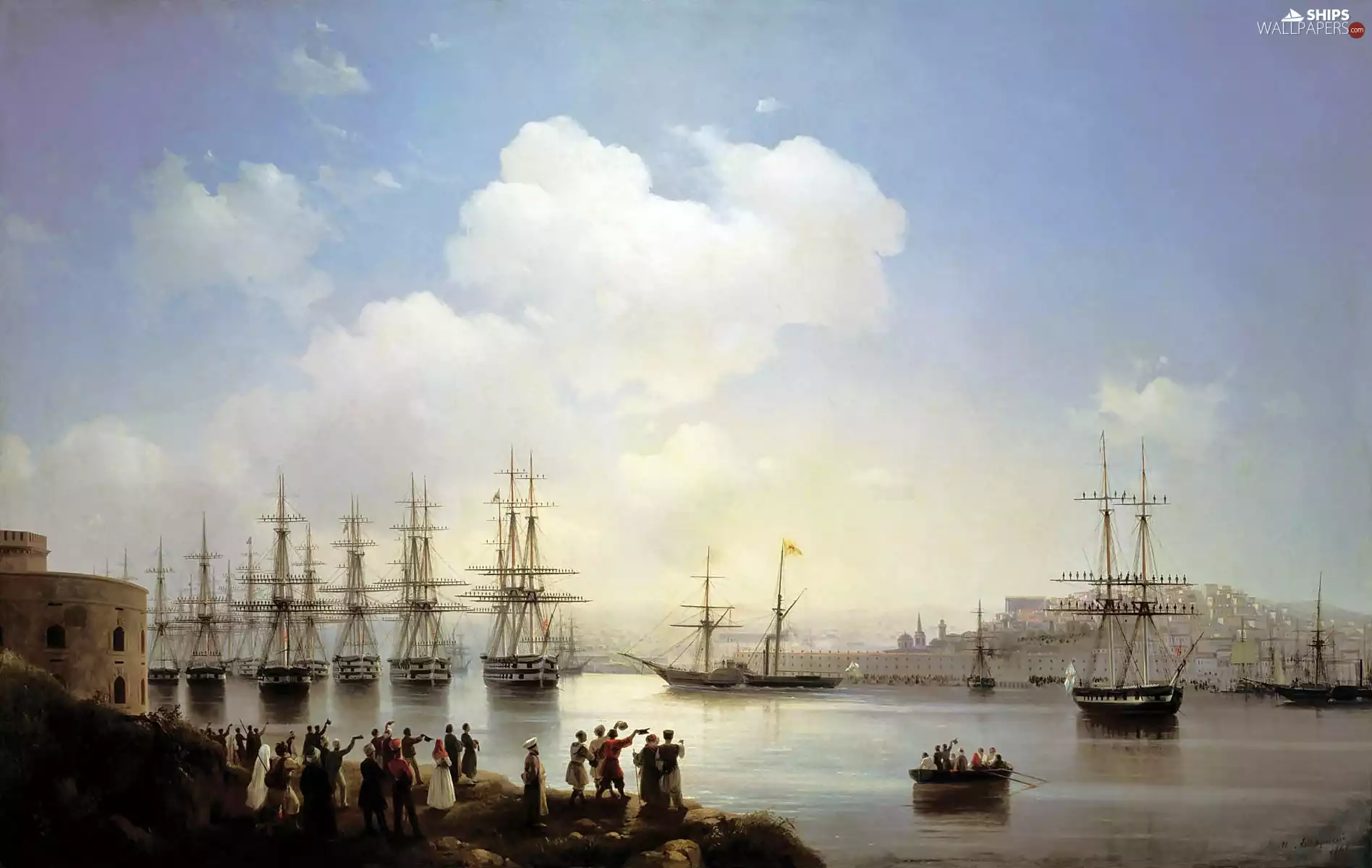 panorama, town, People, sea, sailboats, Aivazovsky, Ivan, port