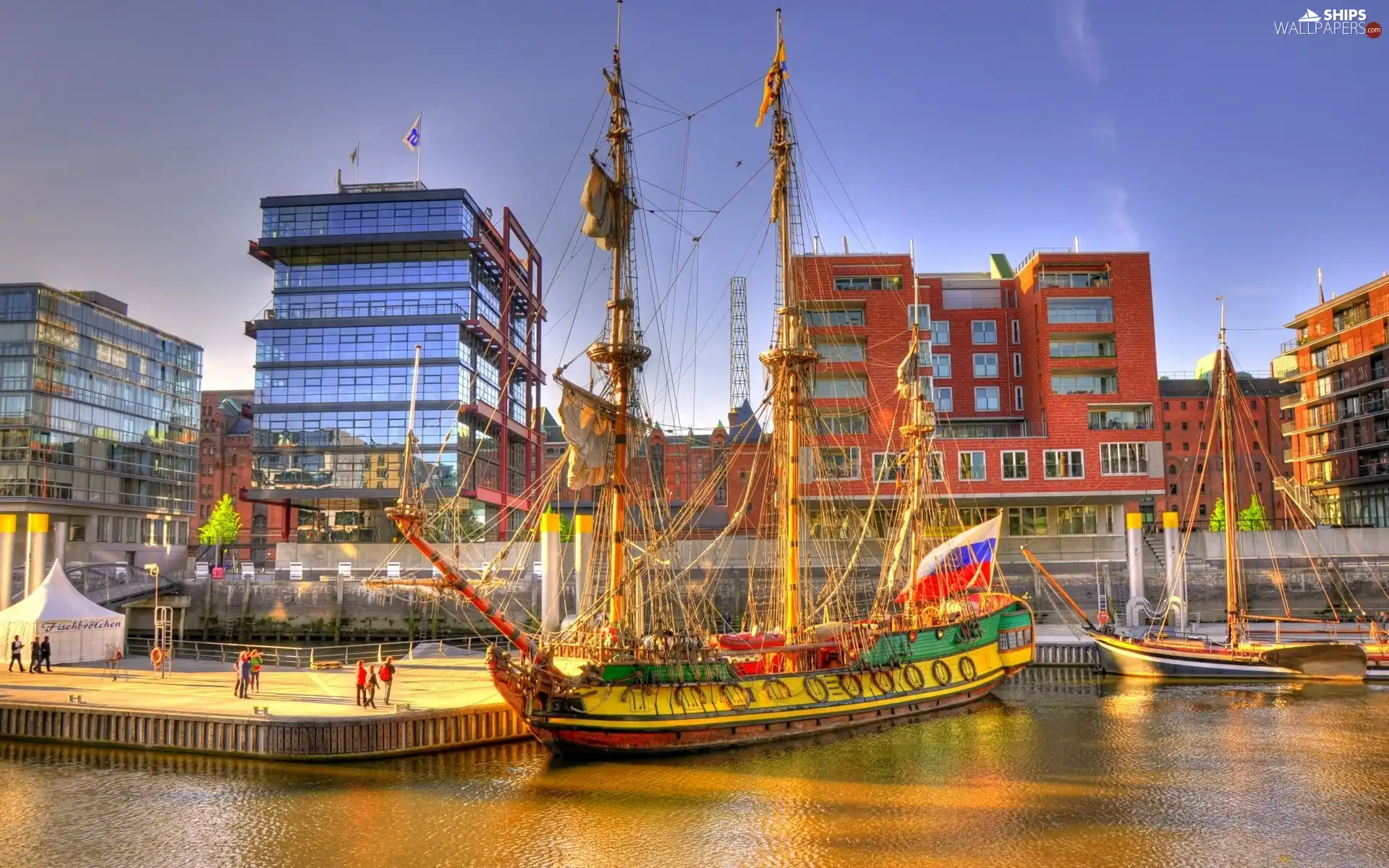 Ship, buildings, port, Sailing