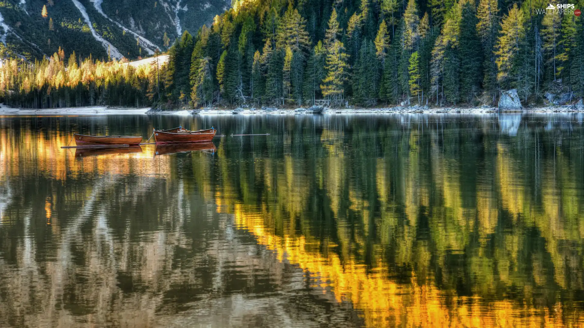 Pragser Wildsee, forest, Dolomites, lake, boats, South Tyrol, Italy