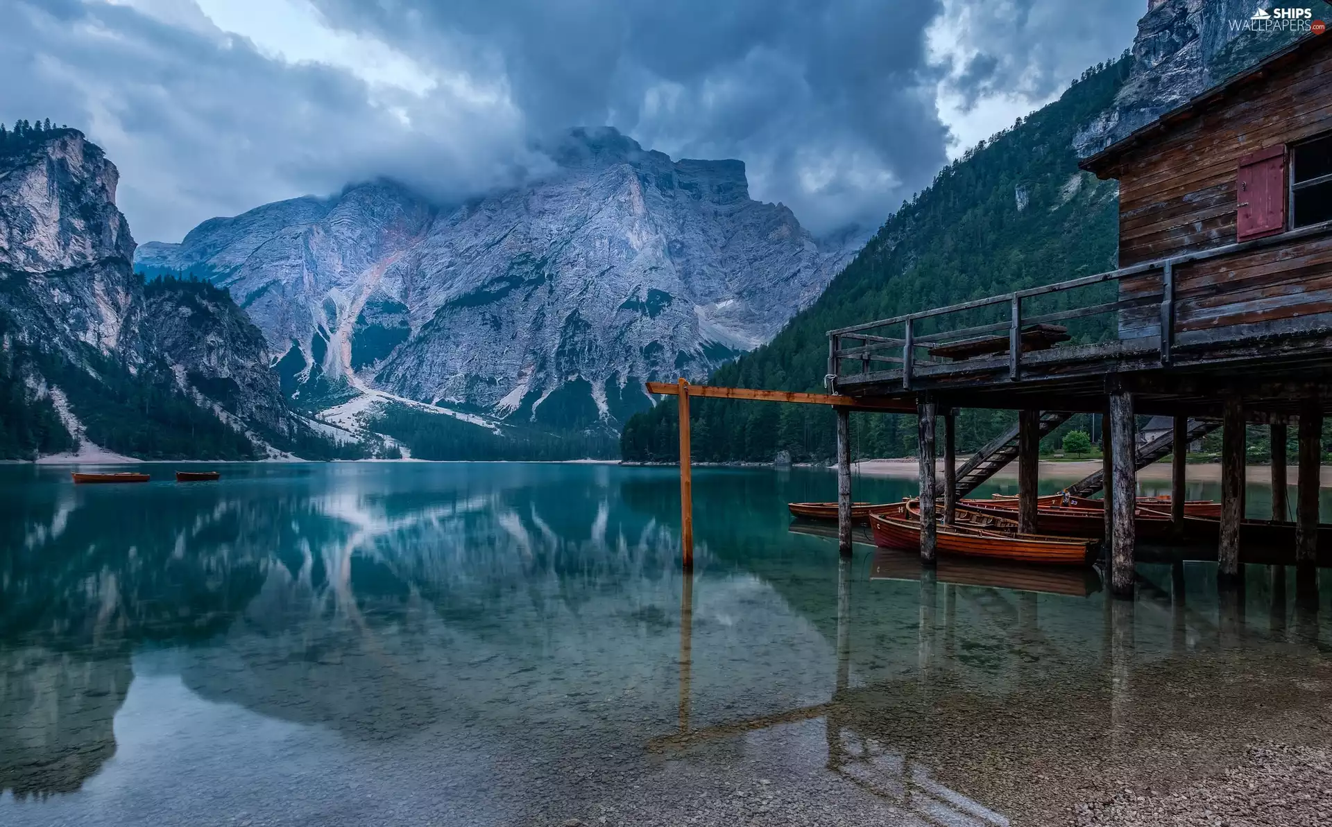 South Tyrol, Italy, Pragser Wildsee Lake, Dolomites Mountains, trees, viewes, house, boats, wooden