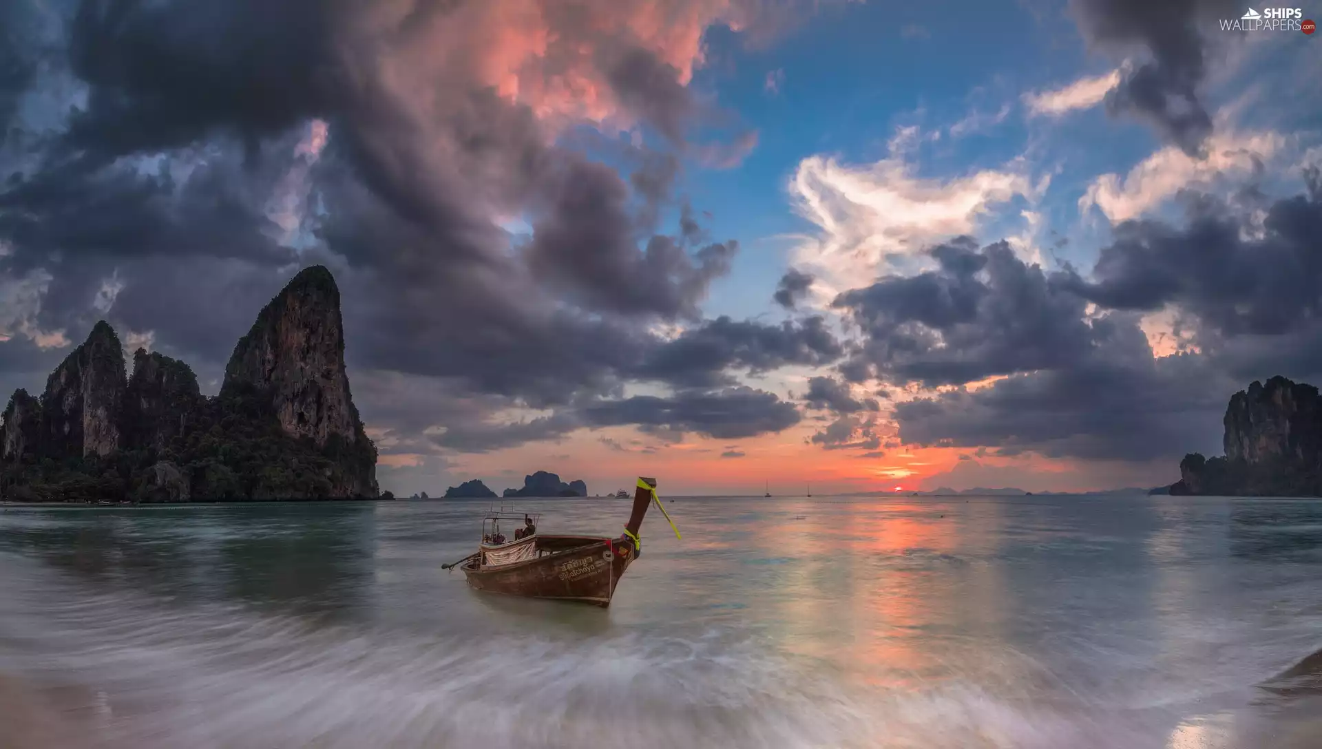 Great Sunsets, Krabi Province, Boat, Thailand, Railay Beach, Andaman Sea, rocks