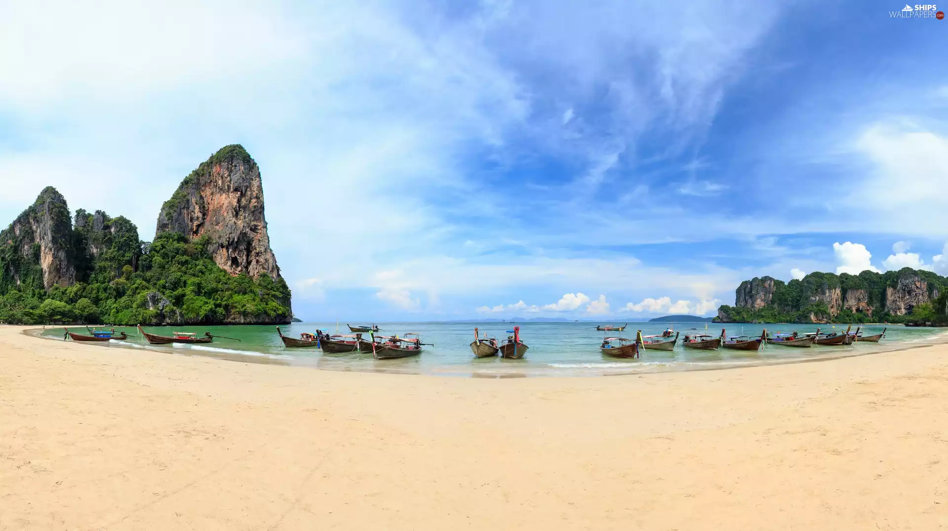 rocks, Krabi Province, boats, Thailand, viewes, Railay Beach, Andaman Sea, trees
