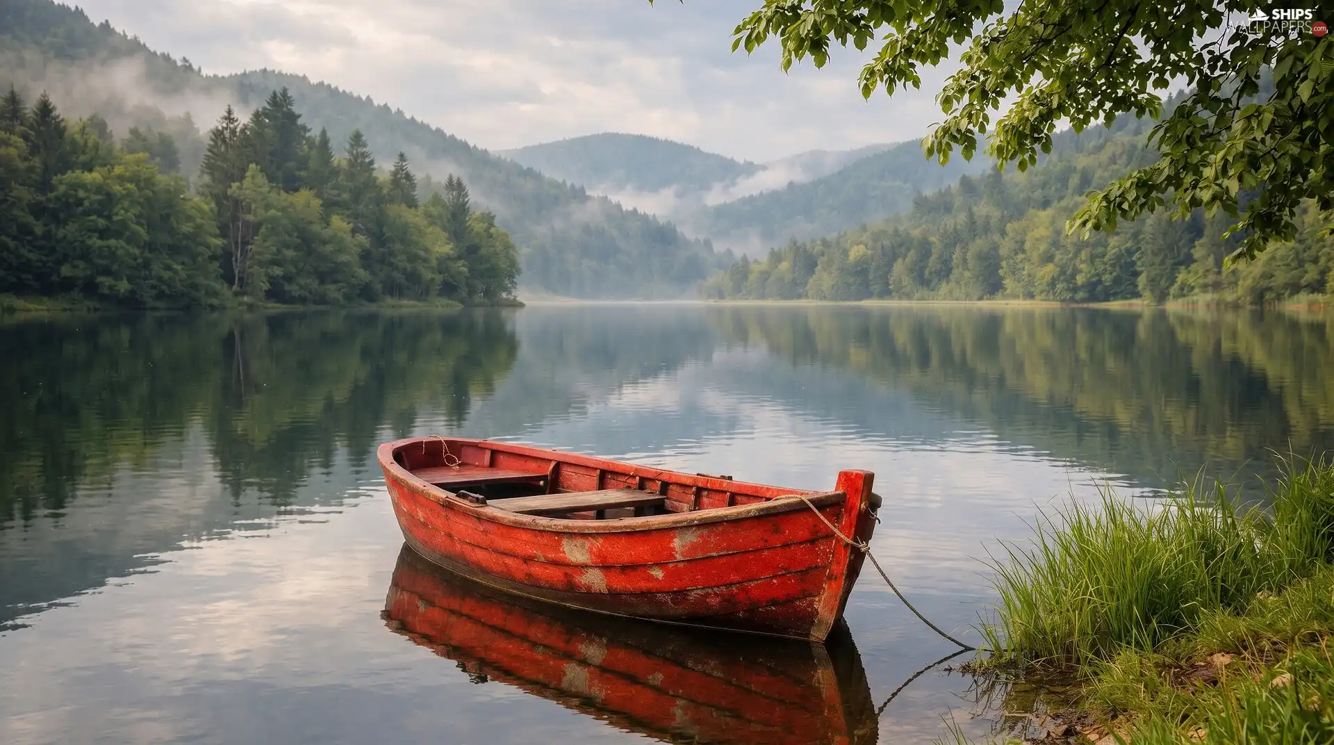 lake, red hot, Mountains, Boat