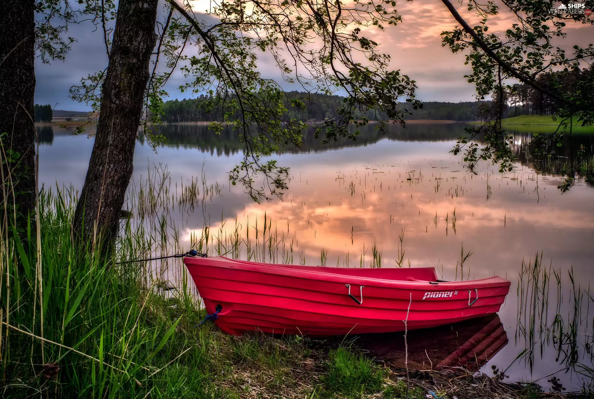 lake, red hot, Boat, forest