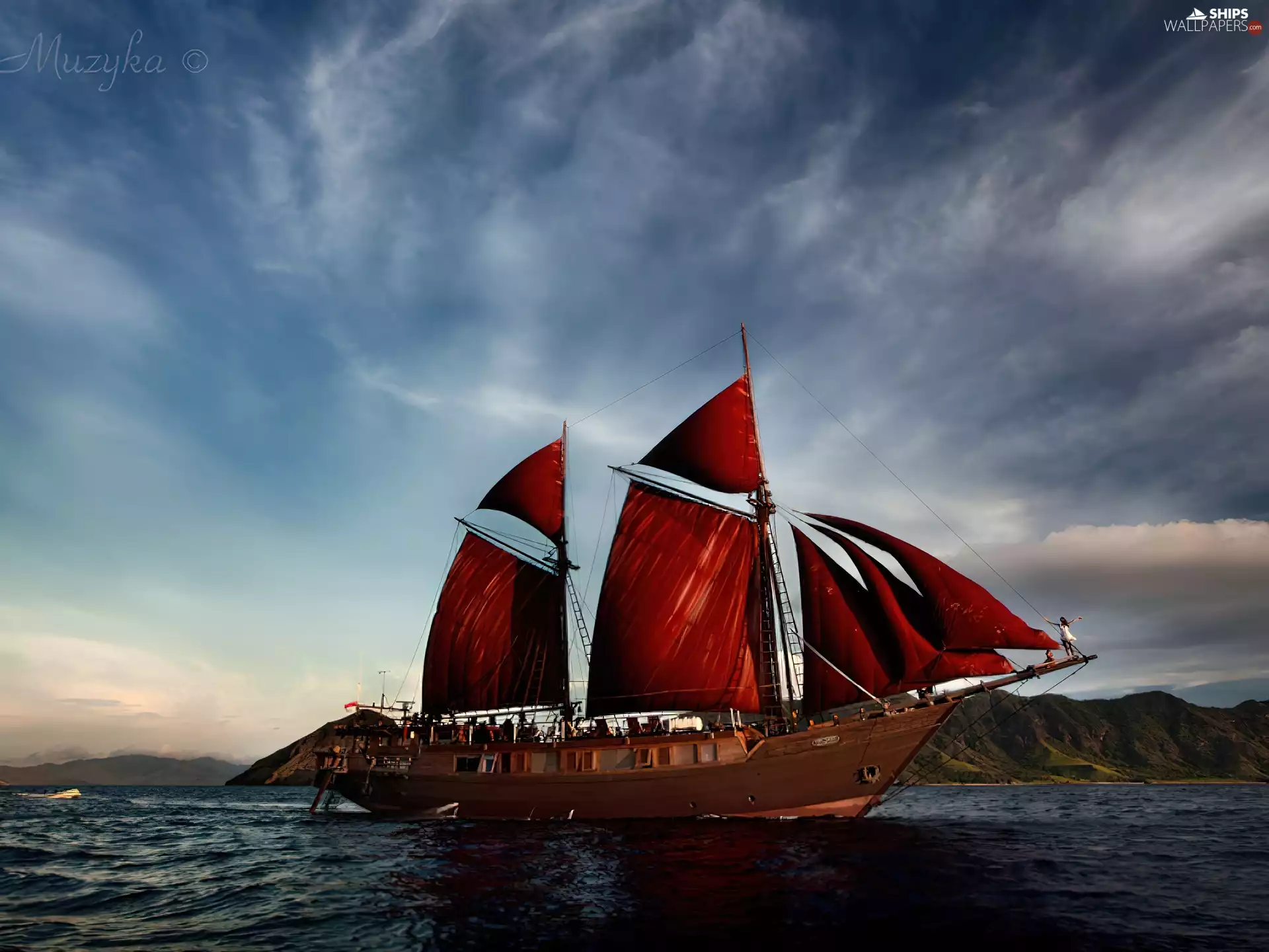 Ship, Red, sails, sailing vessel