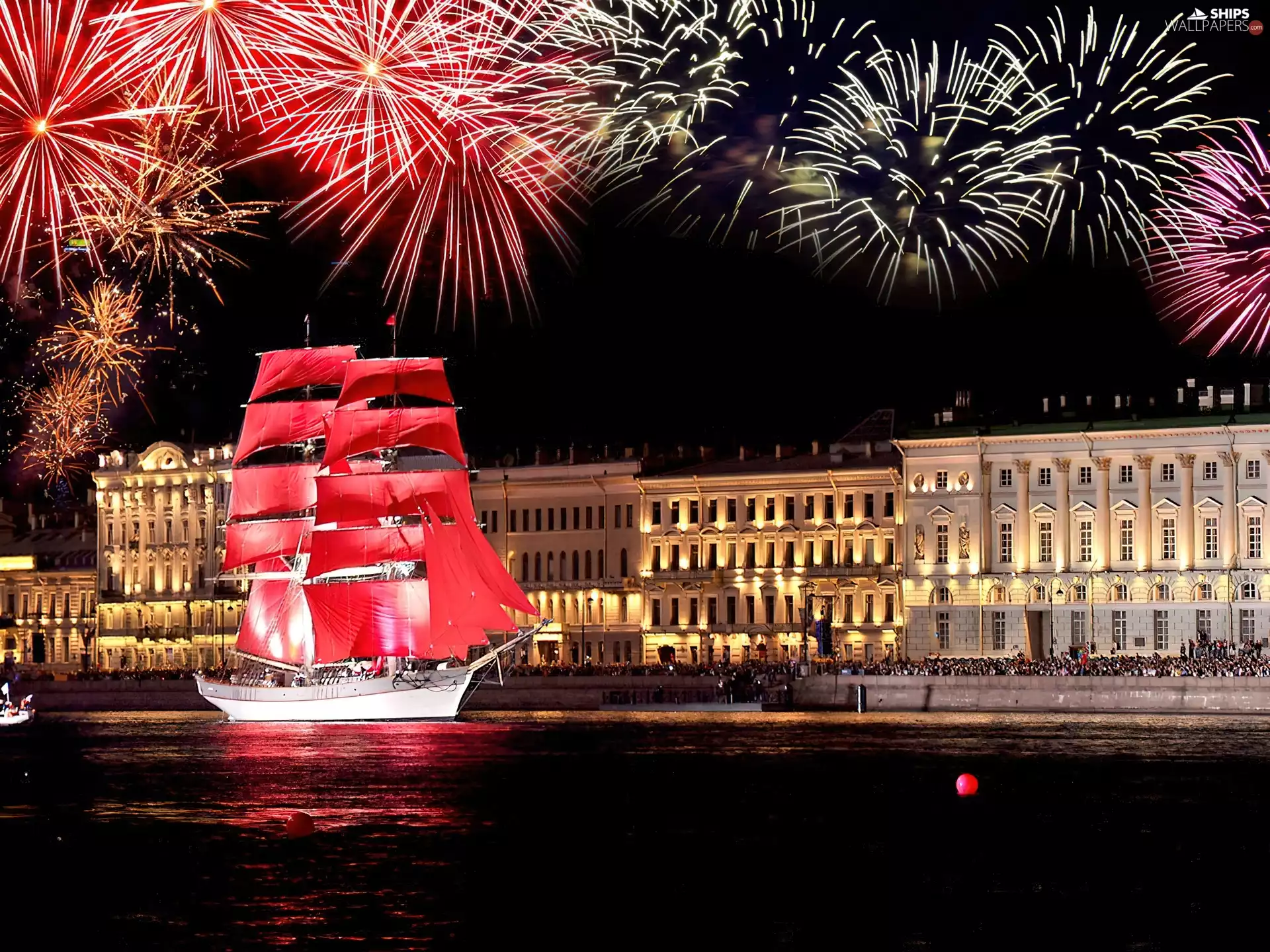 sails, sailing vessel, fireworks, St. Petersburg, Night, Red