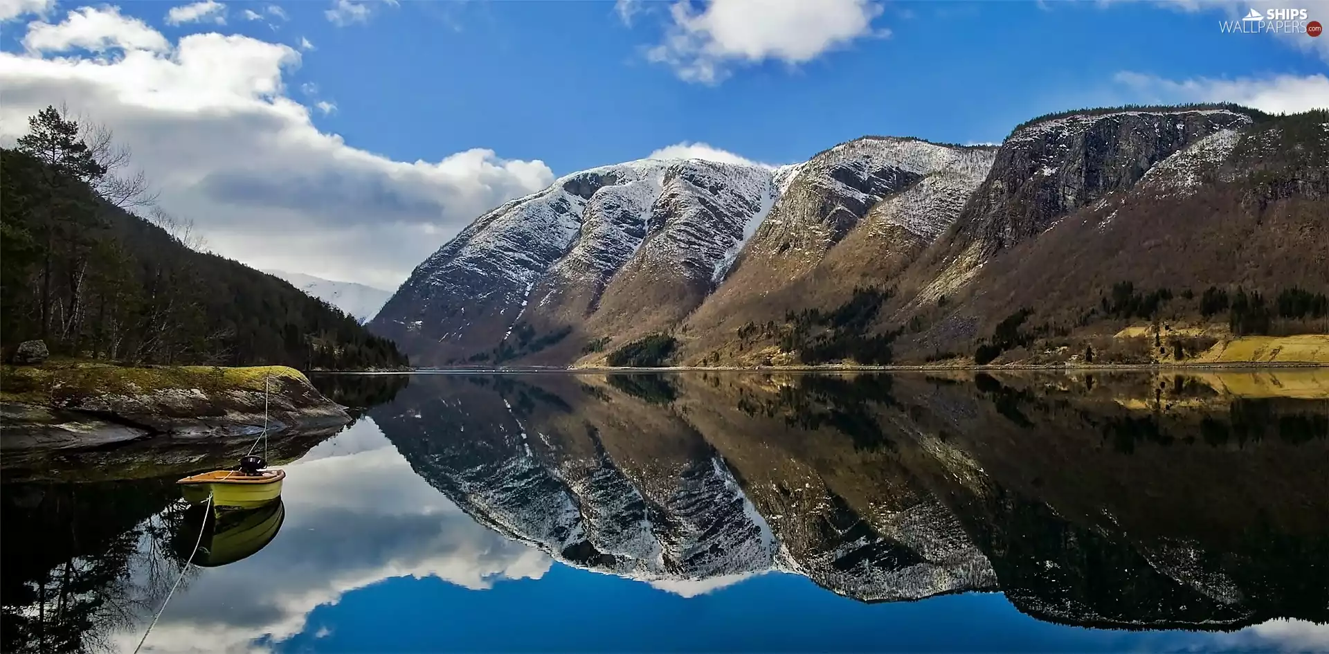 Ulvikfjord, Mountains, clouds, reflection, Boat, forest