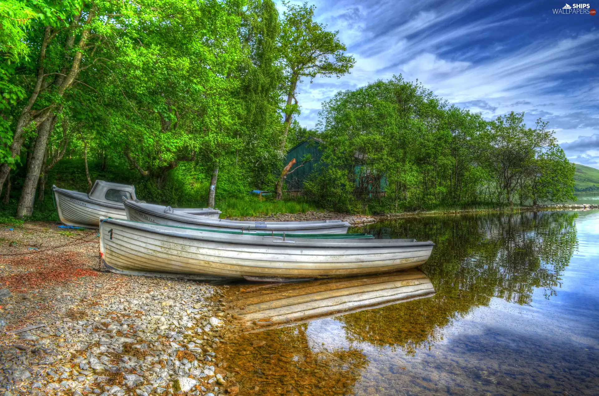 cote, boats, viewes, reflection, trees, lake