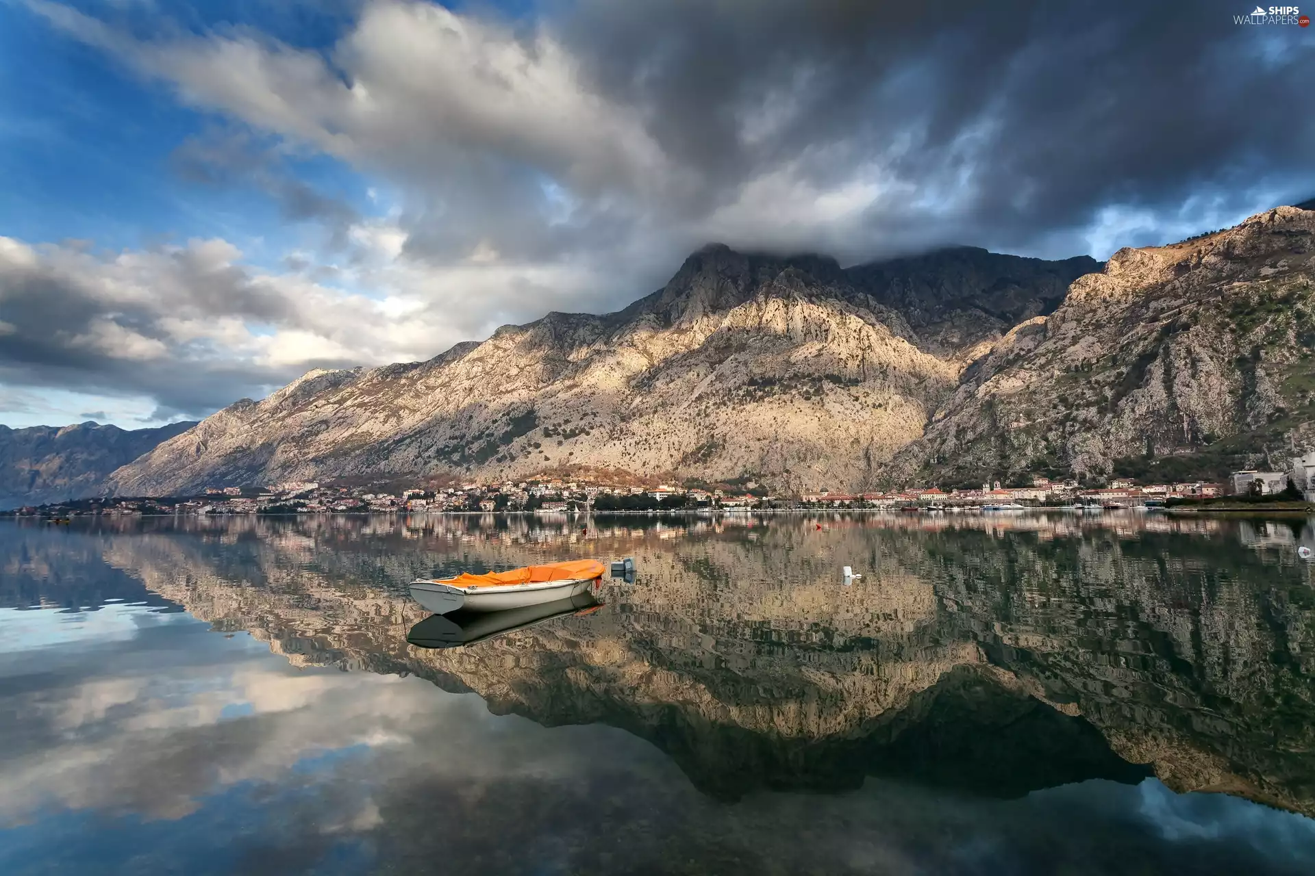 Boat, reflection, Mountains, Houses, lake