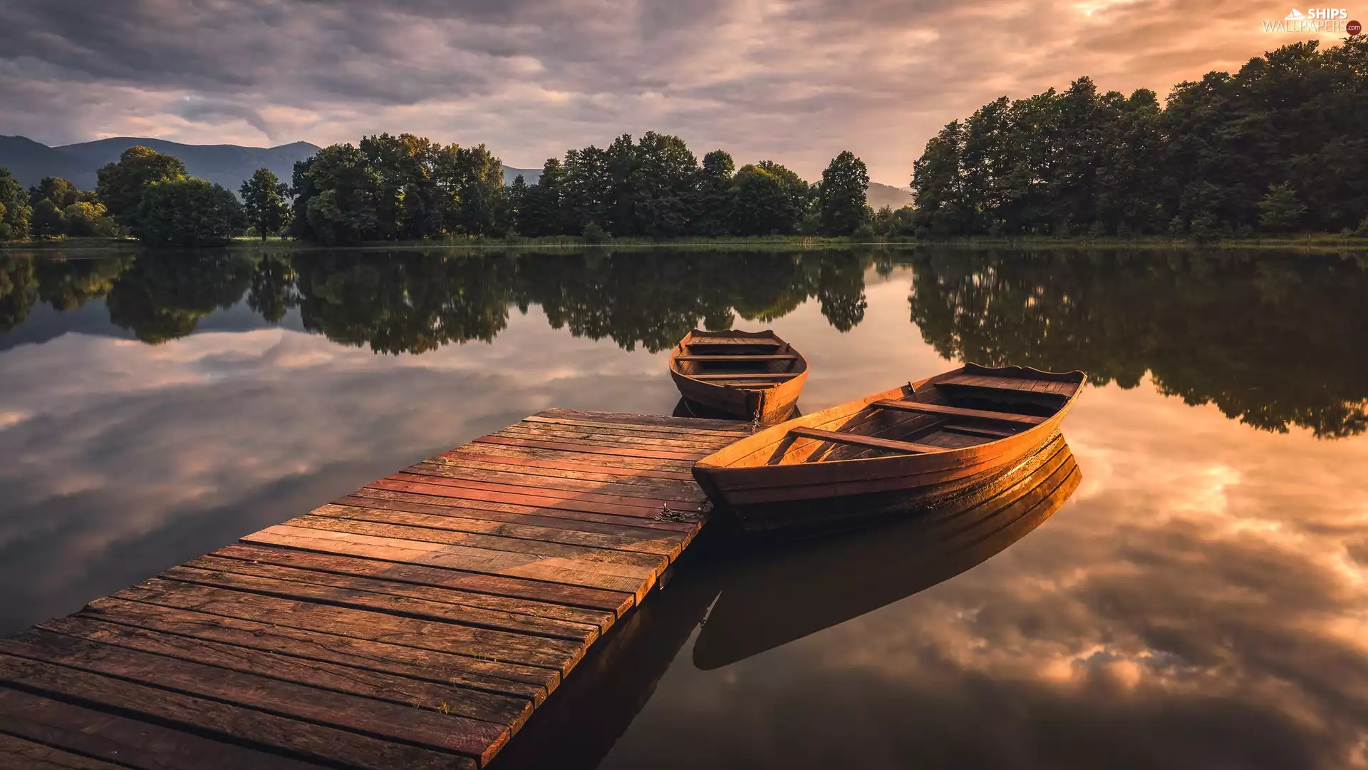 Boats, lake, viewes, reflection, trees, Platform