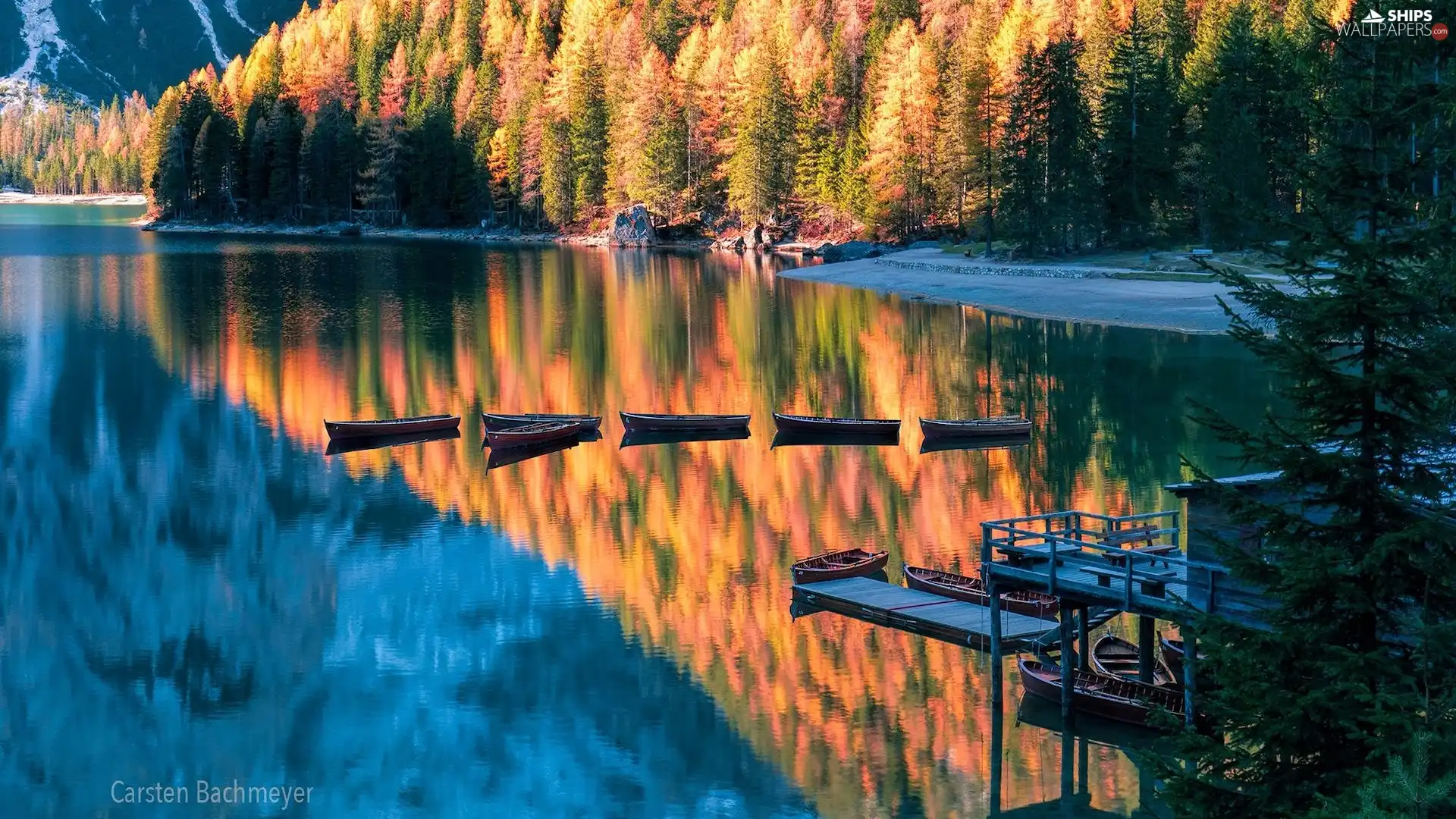 Harbour, boats, trees, viewes, Mountains, Italy, reflection, Pragser Wildsee Lake, forest