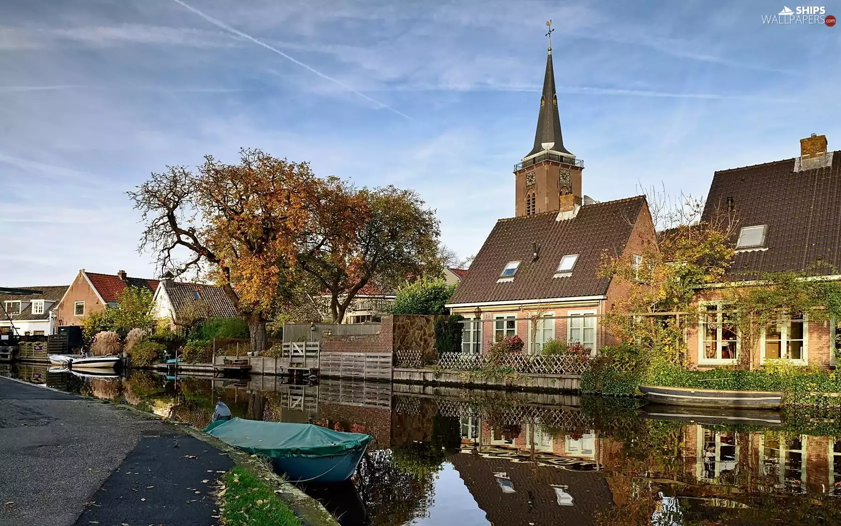 Boats, reflection, Town, River, autumn